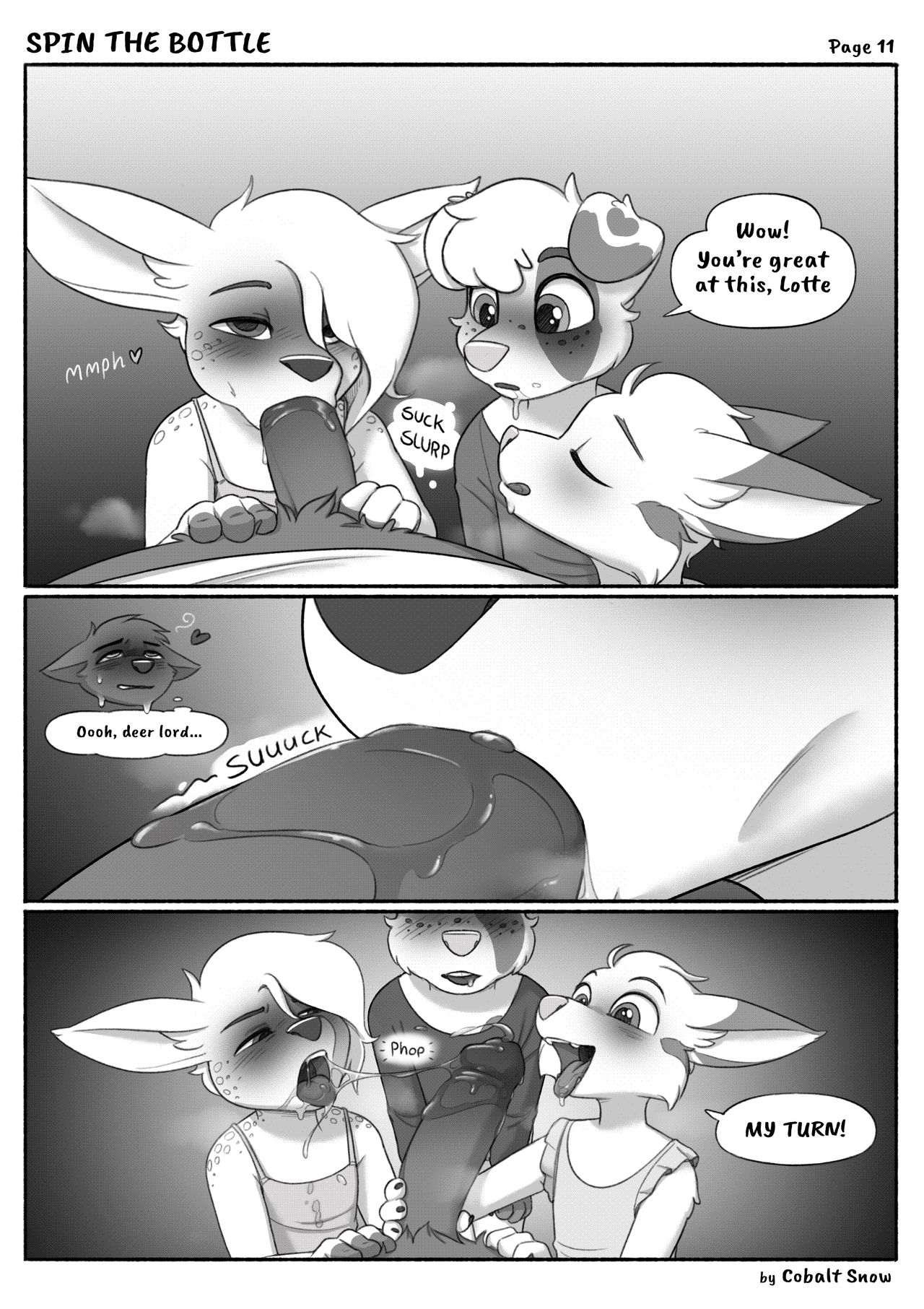 black and white, blowjob, cobalt snow, cute, female, furry, furry only, girly, monochrome, multiple females, multiple girls, oral, spin the bottle, young