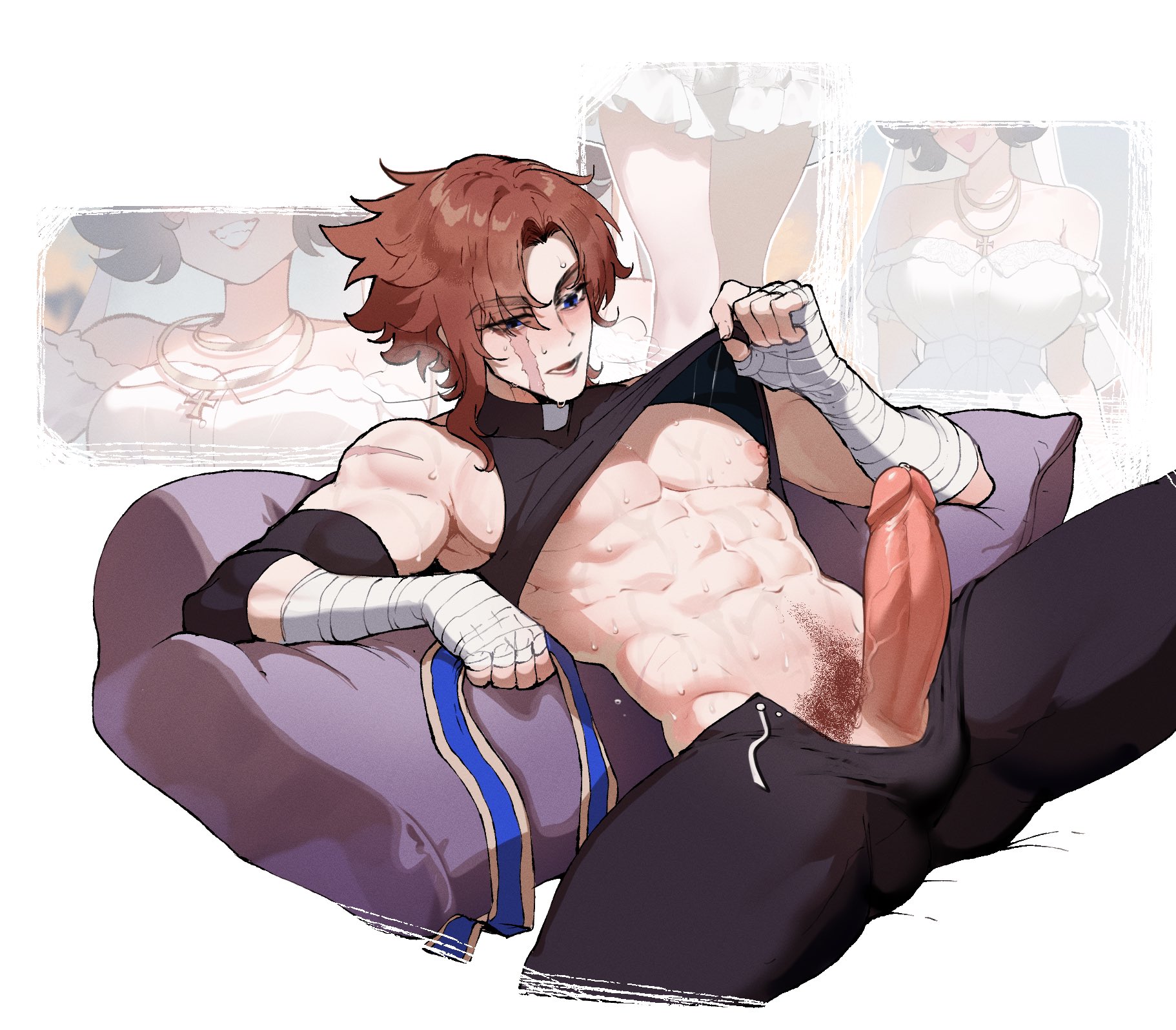 1boy, abs, bandaged hand, bandaged hands, bloodlight (nyantcha), blue eyes, blush, brown hair, erect penis, erection, hi res, legs apart, lying, lying on back, male, male only, mikhail (thiccwithaq), muscular, muscular male, narrowed eyes, no text version, open pants, original, original character, penis, pubic hair, scar, scar across eye, solo, steamy breath, sweat, thiccwithaq, white background