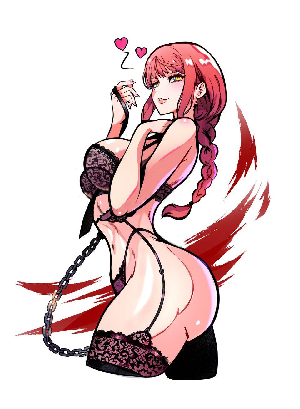 big breasts, black lingerie, bra, breasts, chain leash, chainsaw man, female, garter straps, hfxpins, leash, lingerie, makima (chainsaw man), panties, red hair, seductive pose, seductive smile, stockings