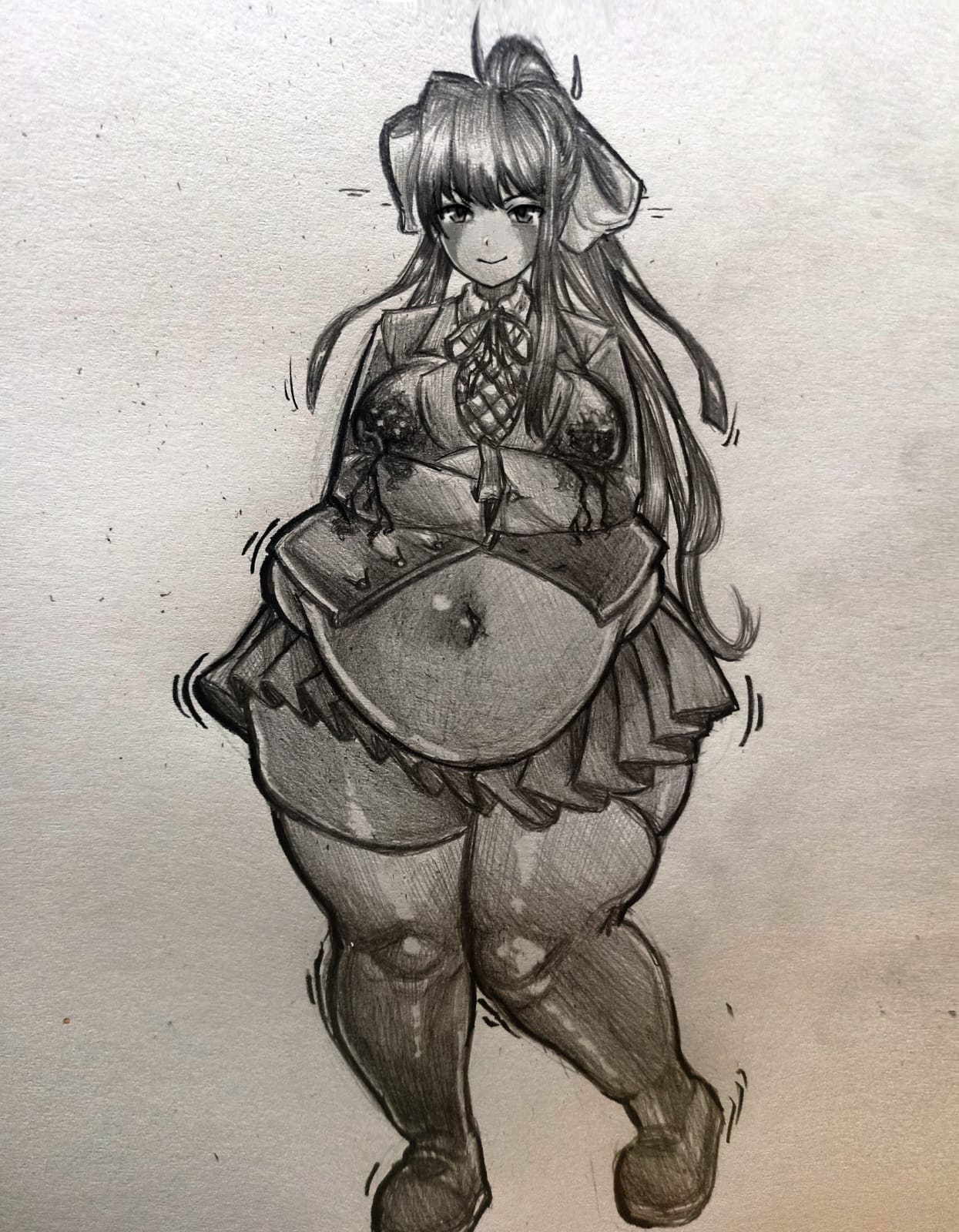 1girls, 2025, big belly, big breasts, black and white, blueberry inflation, breasts, chubby, chubby female, commission, crossed arms, doki doki literature club, fat thighs, female, huge belly, inflation, lactation, lactation through clothes, looking at viewer, monika (doki doki literature club), ponytail, school uniform, skirt, tagme, thick thighs