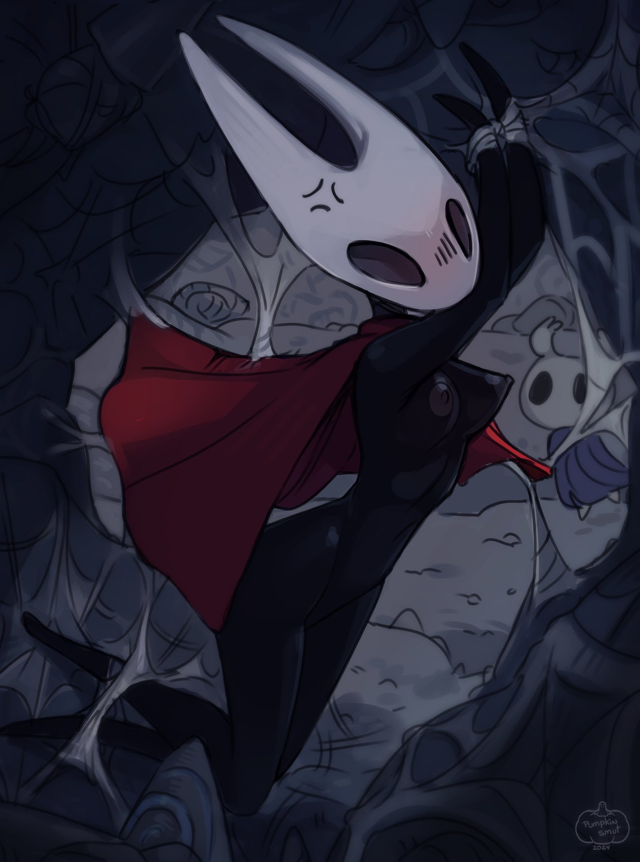 1girls, 2 horns, artist name, big ass, big butt, black body, black skin, bubble ass, bubble butt, bug, bug girl, female, hollow knight, hornet (hollow knight), incest (lore), large ass, large butt, pumpkinsmut, the knight (hollow knight)