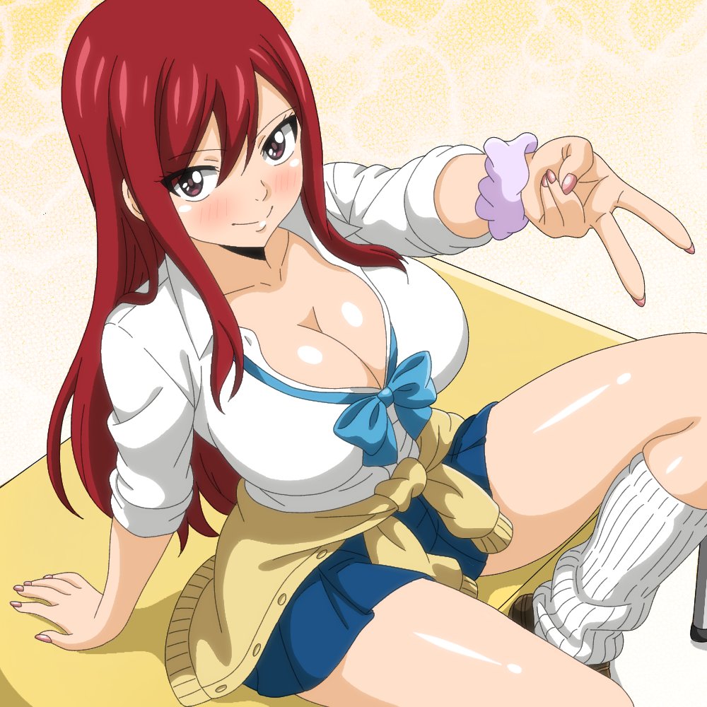 big breasts, blue skirt, blue tie, blush, blush lines, bowtie, breasts, brown eyes, cleavage, collarbone, desk, erza scarlet, fairy tail, glistening, glistening breasts, gyaru, gyaru gal, jacket around waist, large breasts, looking at viewer, looking up, multicolored background, painted nails, pink nails, red hair, red-haired female, school uniform, scrunchie, scrunchie on wrist, sidelocks, sitting on desk, skirt, smile, socks, thick thighs, thighs, thin waist, top down view, trenganfinn29, v sign, white shirt, wide hips