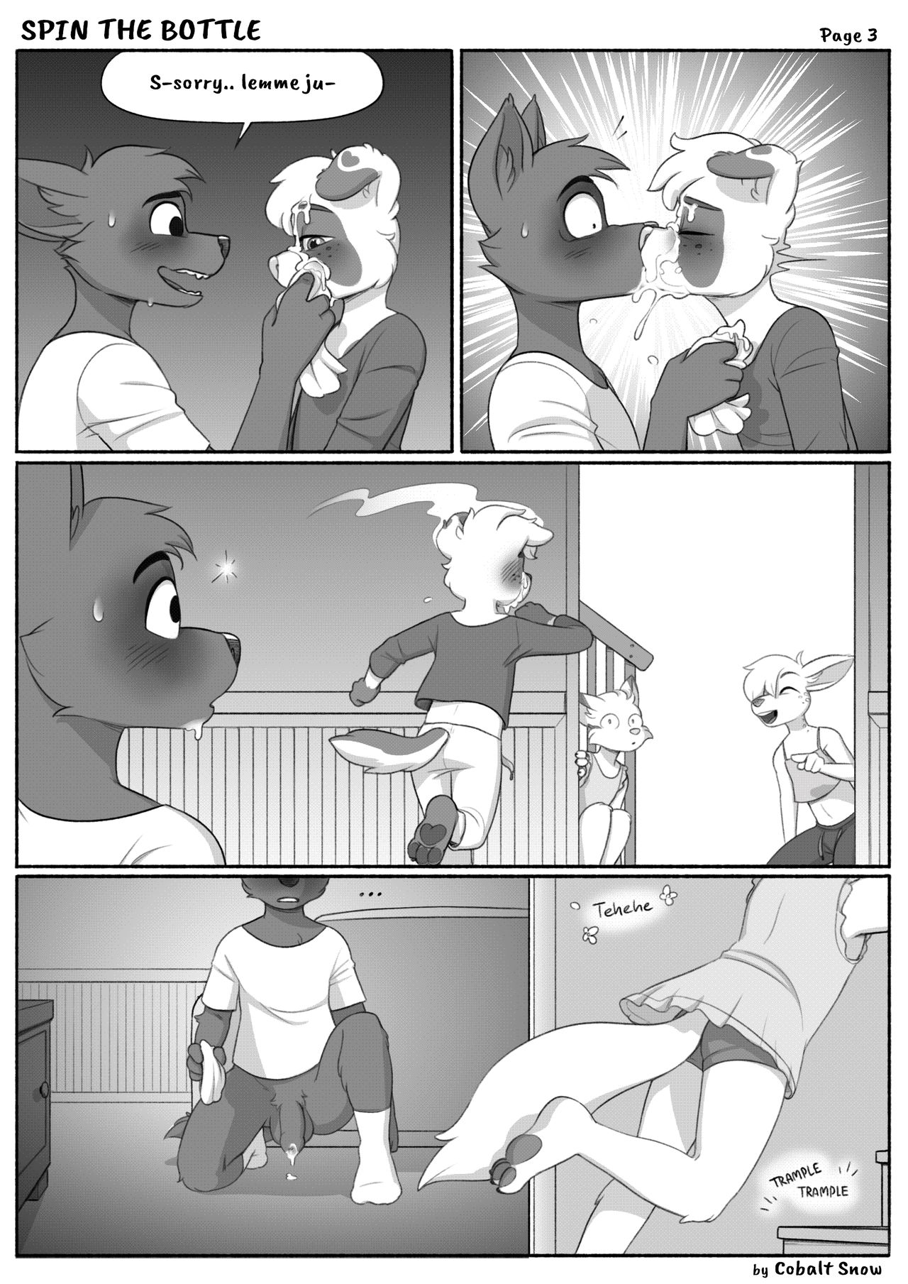 black and white, cobalt snow, cute, female, furry, furry only, girly, monochrome, multiple females, multiple girls, spin the bottle, young