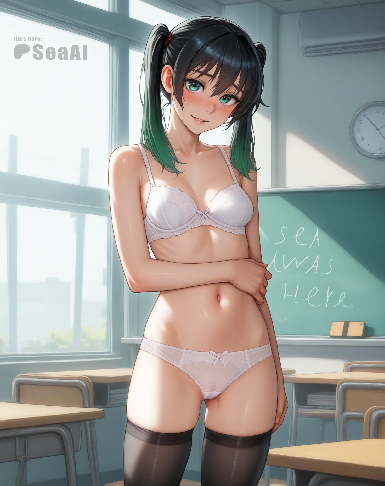 1girls, ai generated, bra, classroom, cowboy shot, female, indoors, light smile, looking at viewer, love live!, love live! nijigasaki high school idol club, panties, patreon, schoolgirl, seacreator, shy, skinny, solo, standing, stockings, takasaki yuu