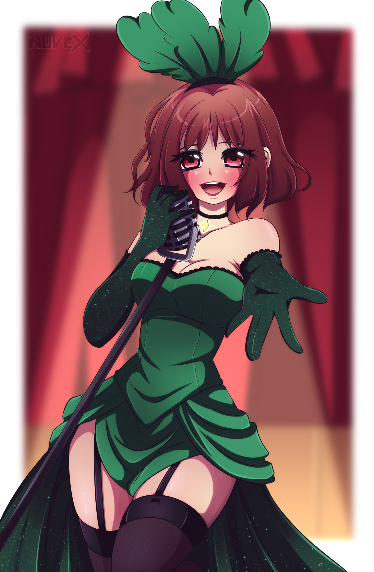 1girls, 2d, blush, breasts, brown hair, chara, choker, dress, elbow gloves, eyebrows, eyebrows behind hair, female, female chara, female only, garter belt, garter straps, gloves, green dress, green gloves, human, human female, human only, lingerie, long gloves, microphone, nuvex, red eyes, solo, stage, thick thighs, thighhighs, thighs, thighs together, undertale, undertale (series), wide hips