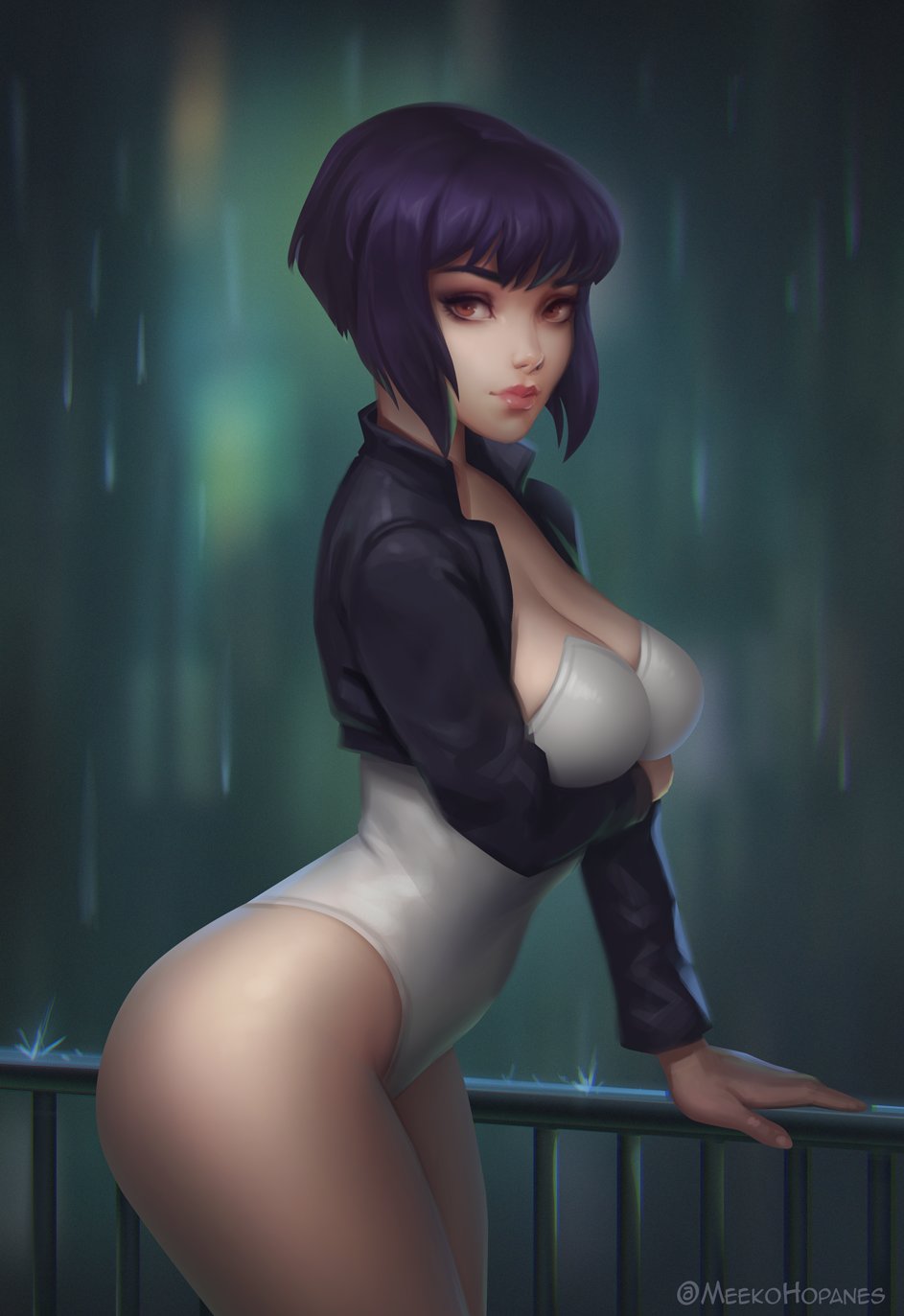 1girls, alternate version available, arm under breasts, bob cut, breasts, cleavage, clothed, female, female only, female protagonist, ghost in the shell, ghost in the shell stand alone complex, kusanagi motoko, large breasts, leather jacket, leotard, meekohopanes, purple hair, rain, raining, short hair, solo, tagme, thick thighs, thunder thighs