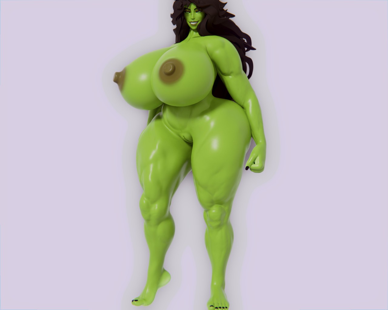 1girls, 3d, 3d (artwork), abs, areolae, barefoot, big areolae, big breasts, big nipples, black hair, breasts, endlessillusion, female, female only, giant breasts, gigantic breasts, green skin, huge breasts, hulk (series), legs, marvel, marvel comics, muscles, muscular, muscular female, naughty face, nipples, nude, pussy, seductive, seductive smile, she-hulk, she-hulk (endlessillusion), simple background, smile, solo, thick legs, thick thighs, thighs, wide hips