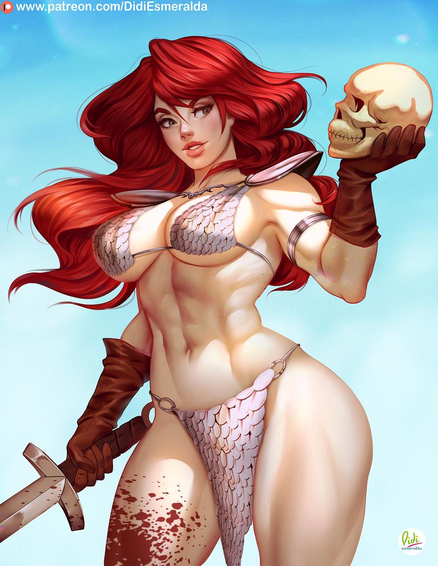 1girls, abs, big breasts, breasts, cleavage, didi esmeralda, female, female only, large breasts, marvel, marvel comics, muscles, muscular, muscular female, red hair, red sonja, red sonja (comics), solo