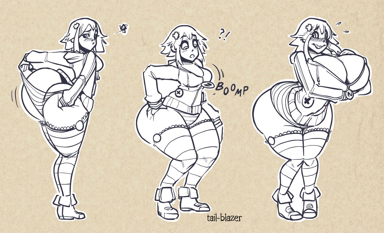1girls, ass, ass cleavage, ass crack, ass dough, ass expansion, blush, breast expansion, breast growth, breast growth (enlargement), breasts, butt crack, clothed, deep skin, embarrassed, female, huge ass, huge breasts, jacket, neptune (neptunia), neptunia (series), surprised, tail-blazer