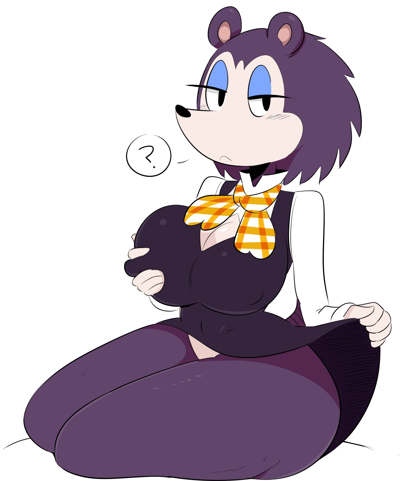 ?, 1girls, absurd res, animal crossing, anthro, ass, big ass, big breasts, breast grab, breasts, clothed, clothing, female, female only, furry, groping breasts, half-closed eyes, hedgehog, highres, holding object, jinu, labelle able, large breasts, looking at viewer, looking to the side, mammal, nintendo, nipple bulge, partially colored, purple body, purple fur, simple background, solo, thick thighs, white background, wide hips