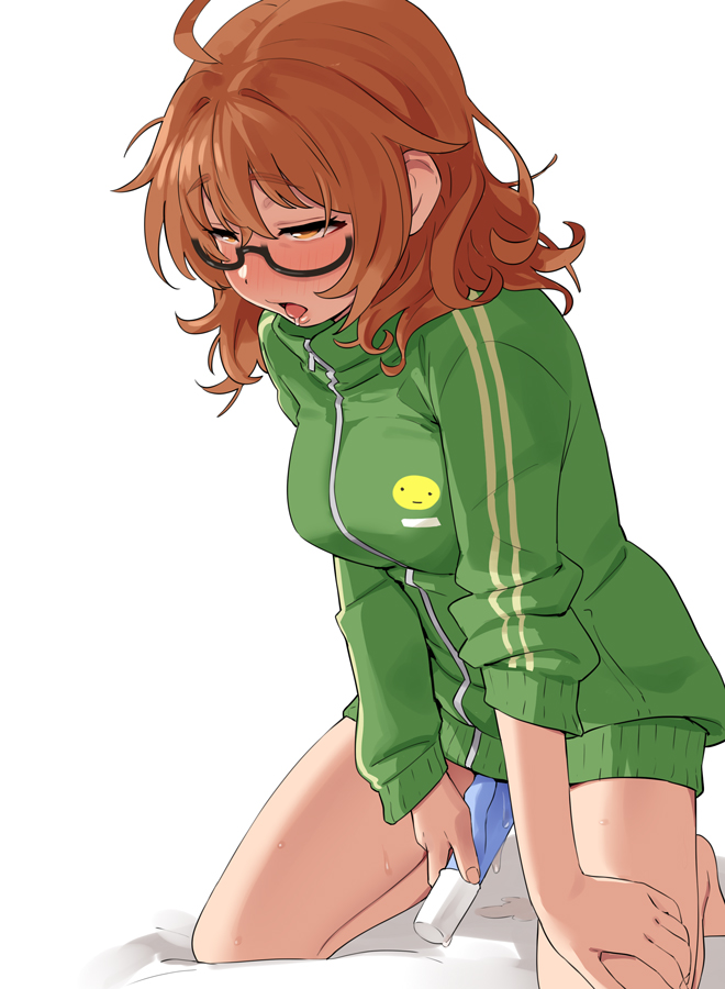 1girls ahoge araki_hina bangs bed_sheet blush bottomless breasts brown_eyes bunny_vibrator dildo drooling eyebrows_visible_through_hair female glasses green_jacket hair_between_eyes half-closed_eyes holding idolmaster idolmaster_cinderella_girls implied_penetration jacket kneeling light-skinned_female long_sleeves looking_pleasured masturbation medium_breasts medium_hair messy messy_hair nose_blush object_insertion omaru_gyuunyuu open_mouth orange_hair pleasure_face pussy_juice pussy_juice_drip pussy_juice_stain saliva saliva_drip semi-rimless_eyewear simple_background solo sweat sweatdrop tongue tongue_out track_jacket vaginal_object_insertion vaginal_penetration vibrator white_background white_skin zipper