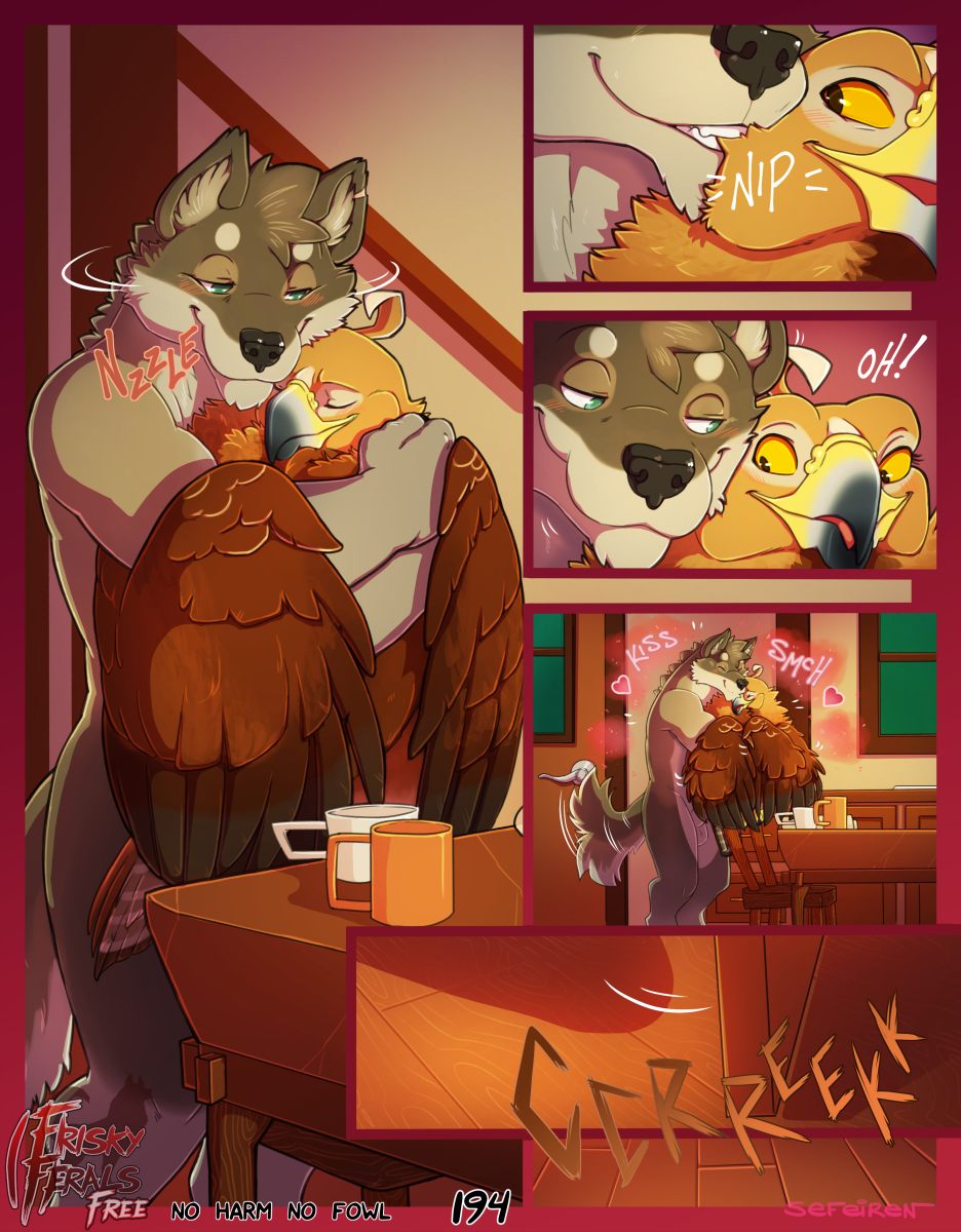 accipitrid accipitriform addison_(frisky_ferals) animal_genitalia anthro avian balls bird blush brown_body brown_eyes brown_feathers canid canine canis chair closed_eyes comic conditional_dnp couple_(disambiguation) cup devon_(frisky_ferals) digital_media_(artwork) door duo eagle english_text feathers female feral frisky_ferals fur furniture genitals golden_eagle green_eyes grey_body grey_fur head_tuft heart hi_res hug inside kissing kitchen male mammal nibbling no_harm_no_fowl nude nuzzling onomatopoeia orange_sclera page_194 scar sefeiren sheath size_difference smile sound_effects standing table tailwag text true_eagle tuft window wings wolf