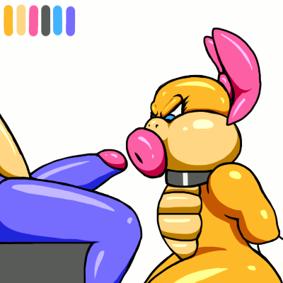 1boy, 1girls, 2015, angelauxes, angry, animated, blue legs, blue penis, blue skin, crossover, fellatio, female, furry, kneeling, koopaling, male, mario (series), nintendo, oral, oral sex, orange skin, penis, side view, simple background, sitting, sonic (series), sonic the hedgehog, sonic the hedgehog (series), unseen male face, wendy o. koopa, white background