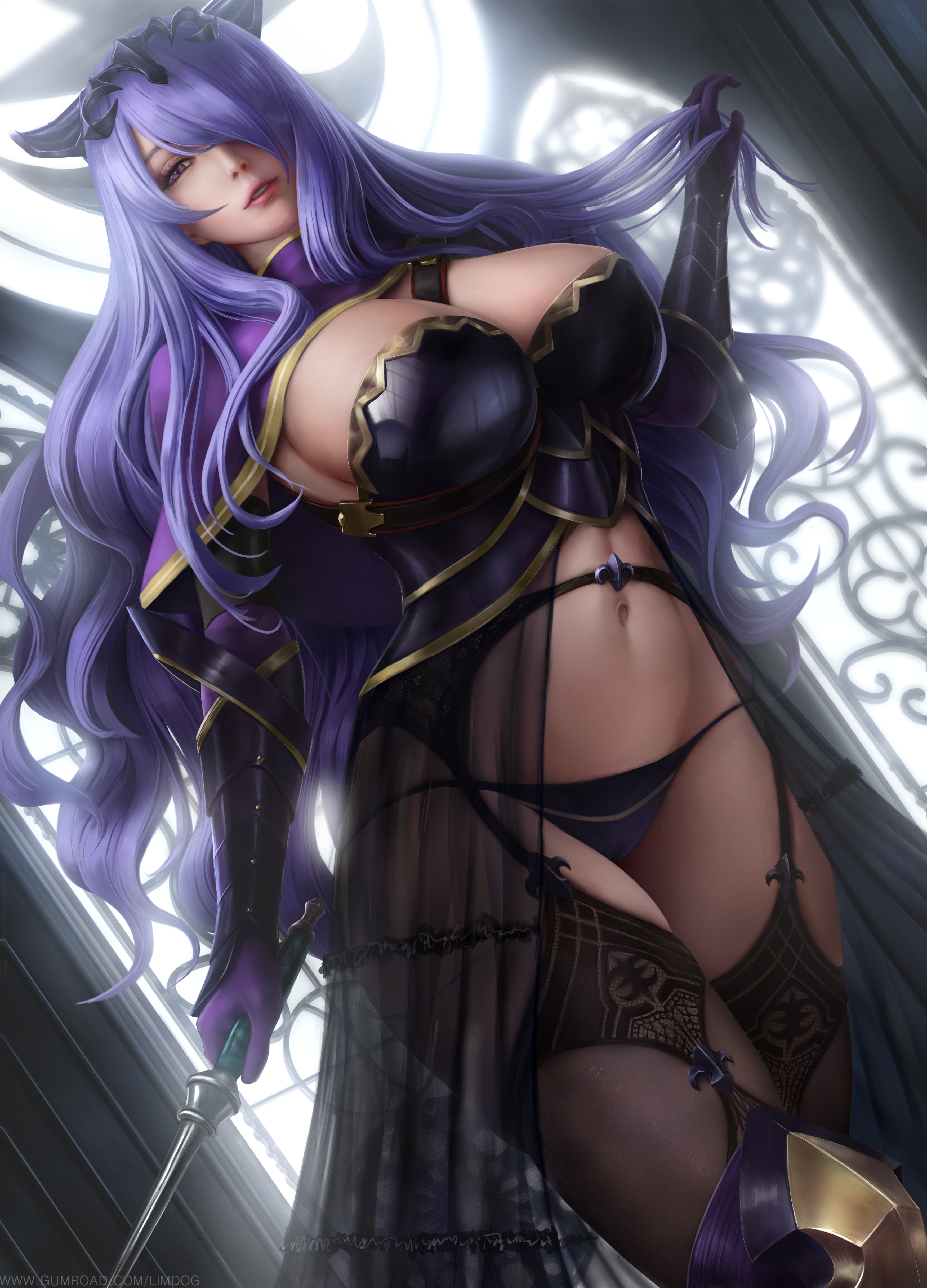 big breasts, breasts, camilla (fire emblem), cleavage, female, female only, fire emblem, fire emblem fates, gloves, high resolution, highres, large breasts, limgae, looking at viewer, navel, panties, purple eyes, purple gloves, purple hair, solo, thighhighs