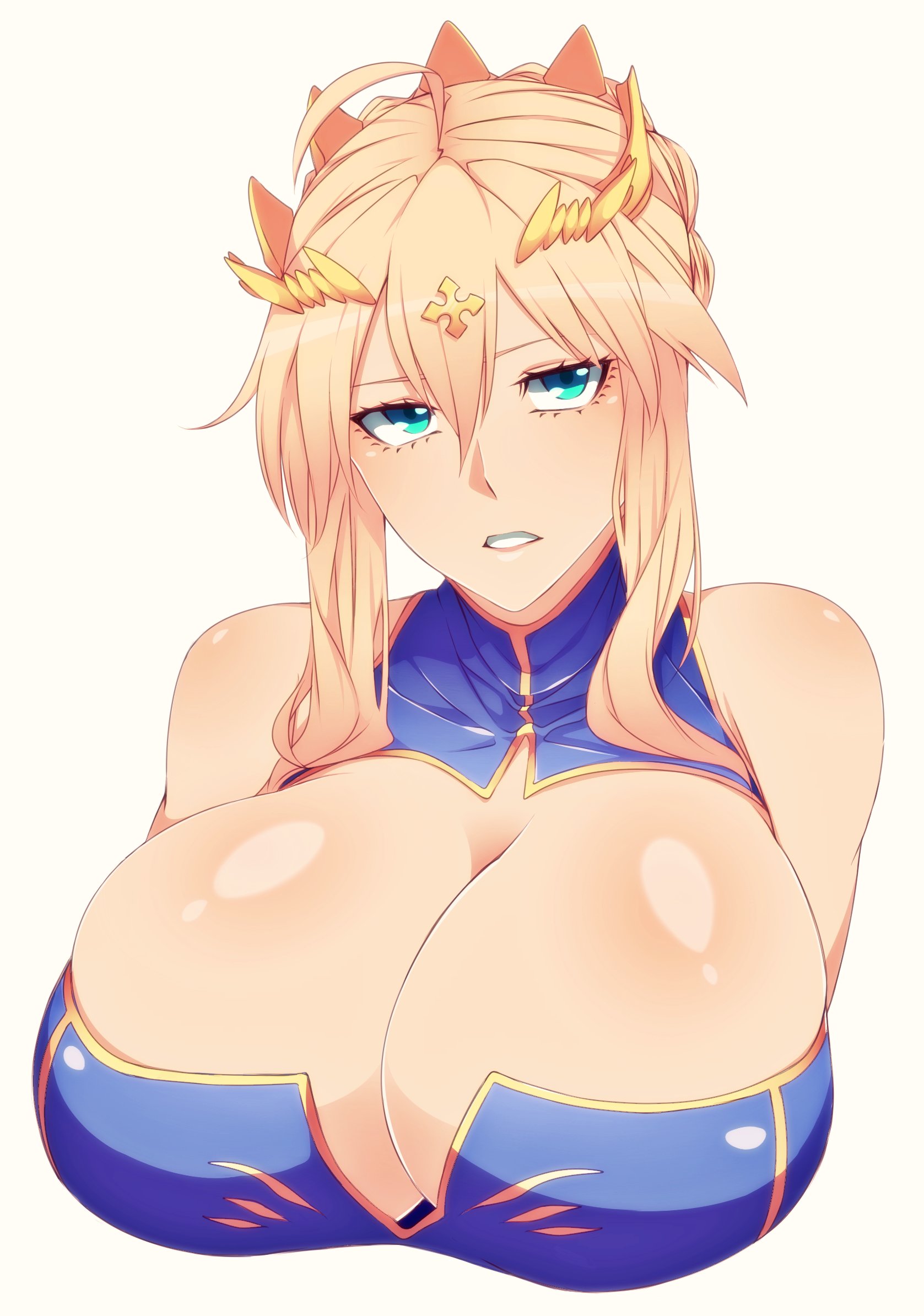 1girls, artoria pendragon, artoria pendragon (lancer), big breasts, blonde hair, breasts, bust, camui kamui (hz 666v), cleavage, fate (series), fate/grand order, female, female only, green eyes, huge breasts, light skin, light-skinned female, long breasts, long hair, mature female, servant (fate), shiny skin, solo, tiara, tied hair, white background