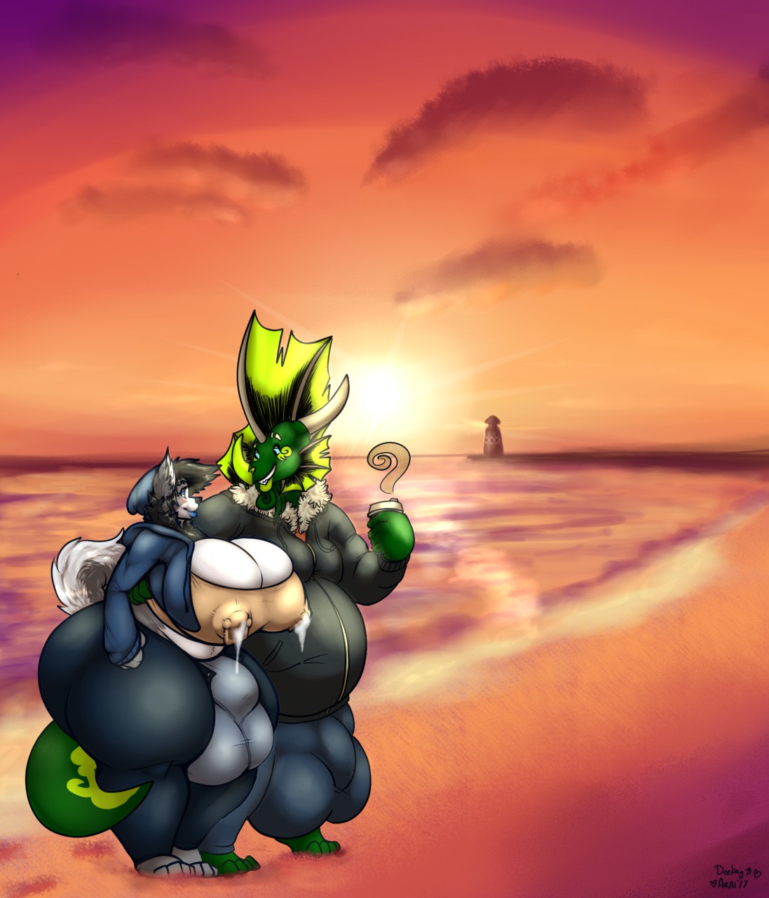 2boys ambiguous_building anthro arai araidian_(artist) ass balls beach beverage_cup big_balls big_breasts big_butt big_penis bodily_fluids breasts bulge busty canid canine canis clothing couple_(disambiguation) deekay domestic_dog dragon evening gay_couple genitals gynomorph hi_res hoodie horn huge_balls huge_breasts huge_butt huge_cock husky hyper hyper_balls hyper_breasts hyper_bulge hyper_butt hyper_genitalia hyper_penis imprint intersex lactating looking_at_another male male_with_breasts mammal musclegut muscular nipple_piercing nipples nordic_sled_dog penis piercing seaside smile spitz strago sunset thick_thighs topwear