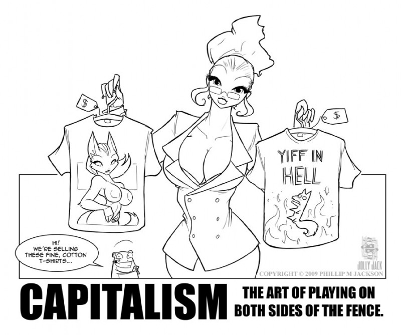 1girls black_and_white business_suit capitalism cleavage female furry glasses helga_(jolly_jack) huge_breasts human human_focus jolly_jack jolly_jack_(character) looking_at_viewer merchandise money monochrome ponytail price_tag rodent social_commentary t-shirt the_truth yiff yiff_in_hell