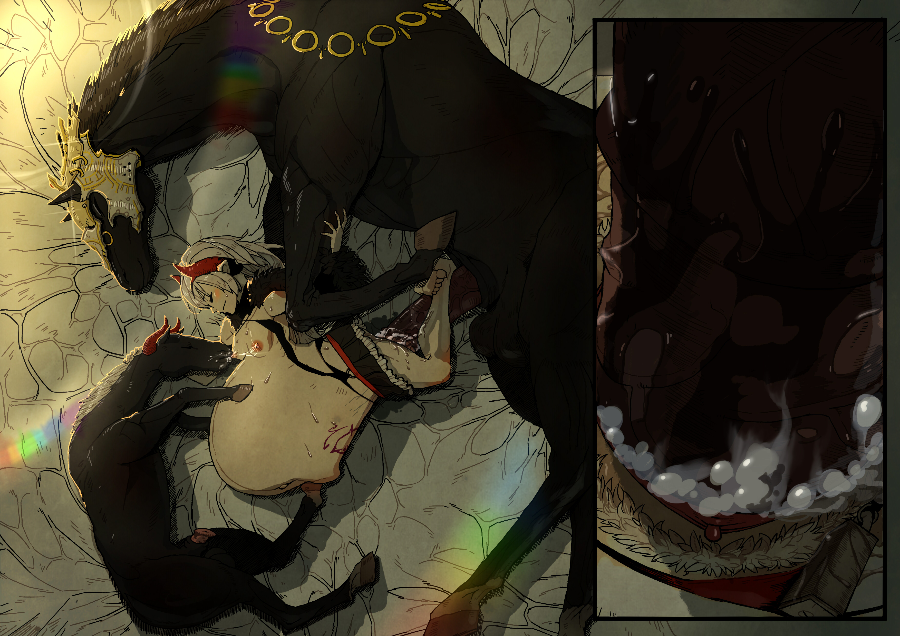 1girls, barbatos, breast feeding, breast sucking, breasts, cum inflation, demon, devil, dungeon defense, equine, family, female, happy sex, horse, husband and wife, incest, inflation, mother and son, pregnant, sleeping, son, source request, stomach bulge, zoophilia