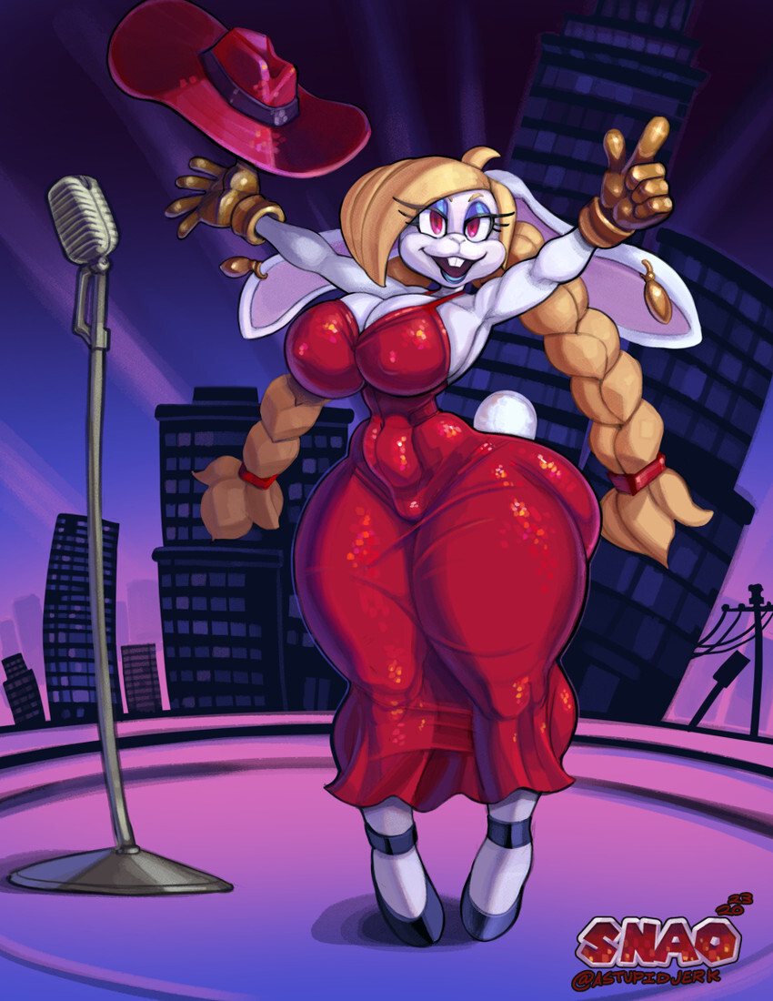 1girls, anthro, big breasts, blonde hair, breasts, cleavage, clothing, cosplay, costume, dress, female, female only, furry, furry female, furry only, gloves, hariet (mario), hat, high heels, lagomorph, large breasts, long ears, long hair, looking at viewer, mammal, mario (series), mature, mature female, nintendo, pauline (mario) (cosplay), rabbit, red dress, red hat, snao, solo, solo female, solo focus, super mario bros., super mario odyssey, tagme, tail, thick thighs, thighs, white fur