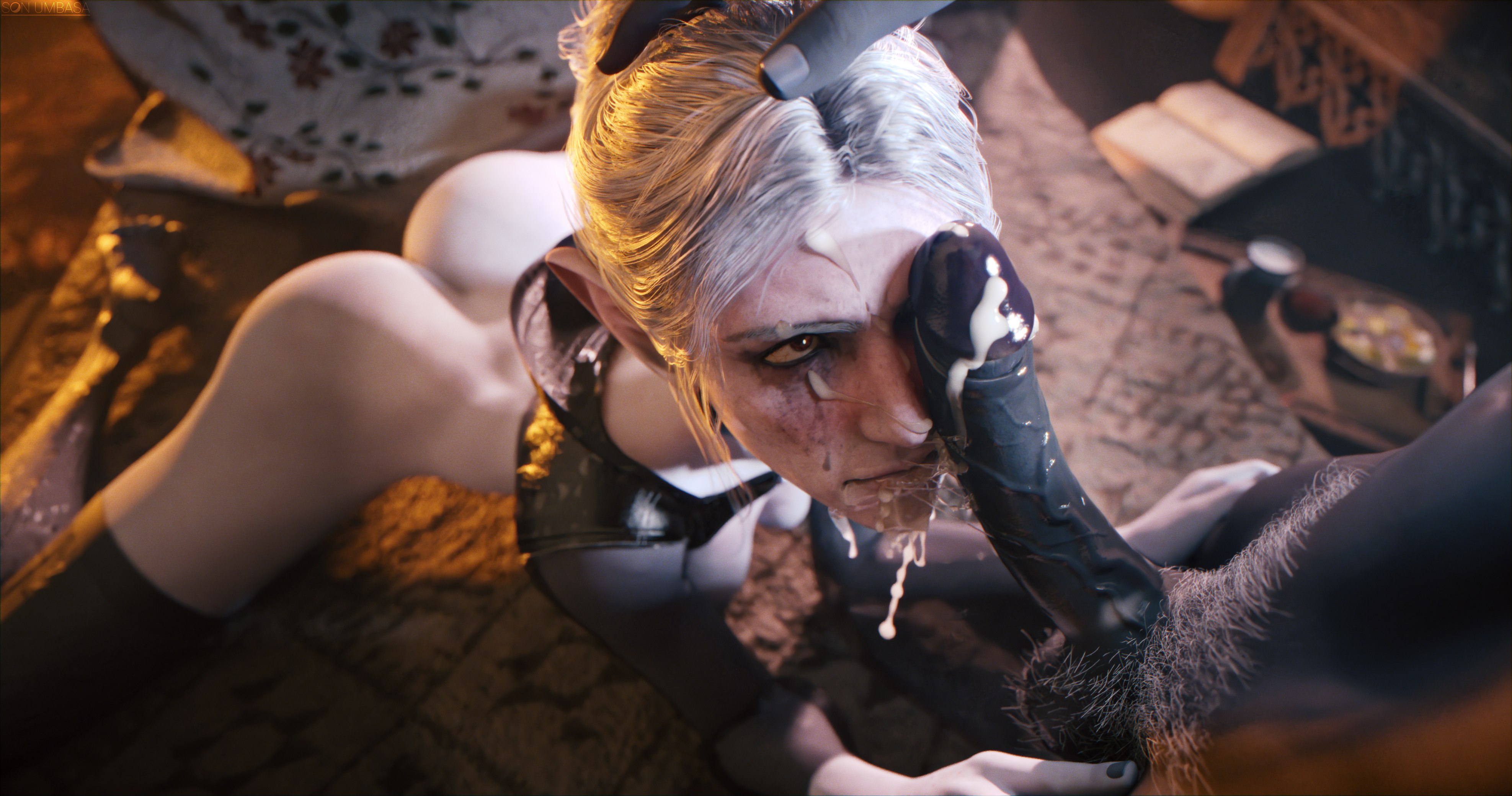 1boy, 1girls, 3d, angry, ass, baldur's gate, baldur's gate 3, breasts, cum, cum on face, dark-skinned male, drow, facial, feet, female, hand on head, male, minthara, pale skin, penis, penis on face, pubic hair, red eyes, ruined makeup, runny makeup, soles, son umbasa, straight, white hair