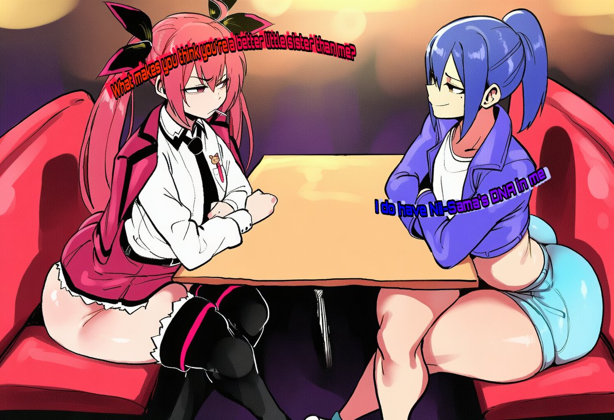 ai generated, big ass, blue hair, comic page, date a live, female, female only, incest, ishimo, itsuka kotori, minishorts, miniskirt, red hair, small breasts, takamiya mana, thick ass, thick hips, thick legs, thick thighs