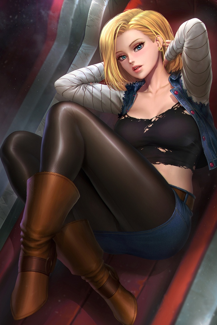 1girls, android 18, big breasts, blonde hair, blue eyes, breasts, dragon ball, female, female only, looking at viewer, neoartcore, nudtawut thongmai, realistic, solo