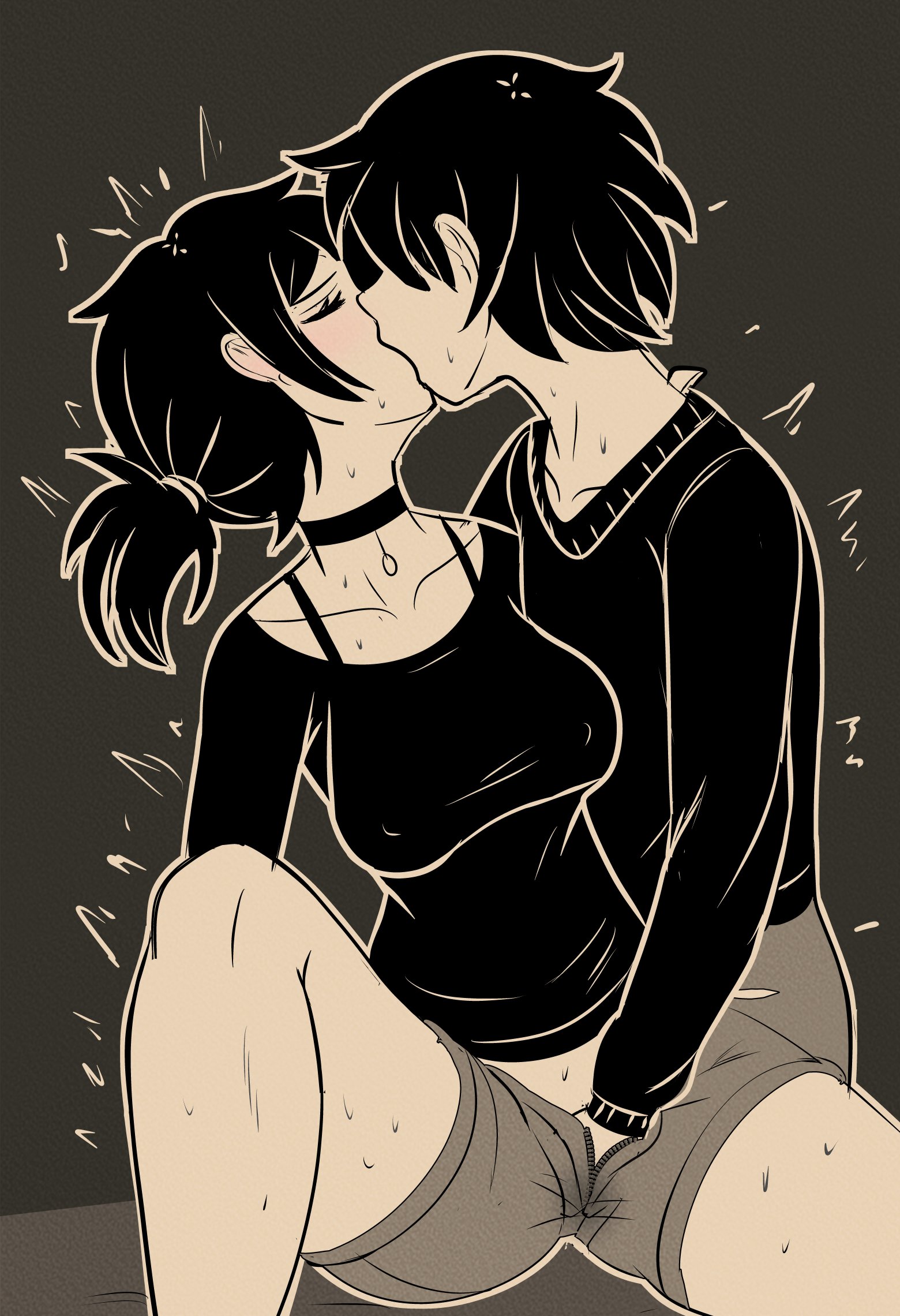 1boy, 1girls, 2d, andrew graves, ashley graves, black hair, brother and sister, choker, closed eyes, clothed, female, fingering, fingering partner, fuzzlogik, hand in panties, hand in pants, incest, kissing, male, masturbating other, nipple bulge, nipples, nipples visible through clothing, ponytail, siblings, spread legs, straight, the coffin of andy and leyley, vaginal, vaginal fingering