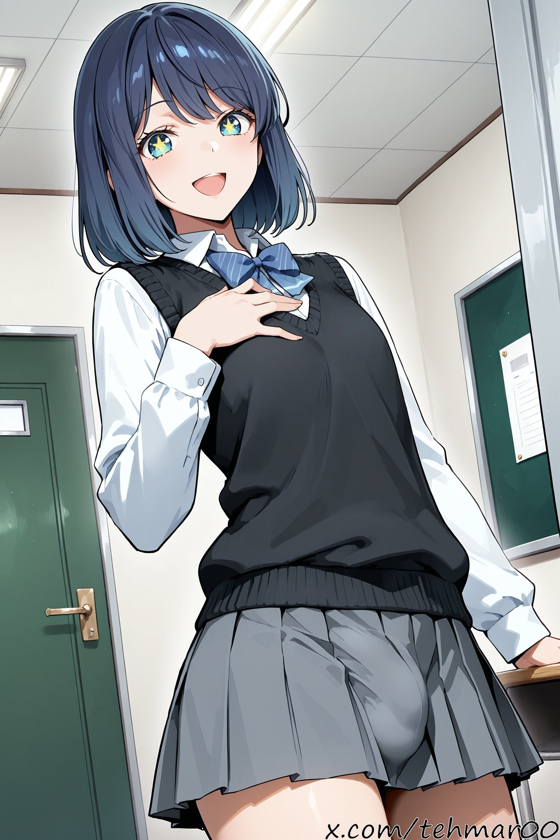 :d, 1boy, ai generated, bangs, blue bow, blue bowtie, blue eyes, blue hair, blush, bow, bowtie, bulge, classroom, collared shirt, cowboy shot, femboy, genderswap (ftm), grey skirt, hand on own chest, indoors, kurokawa akane, long sleeves, looking at viewer, male, medium hair, open mouth, oshi no ko, pleated skirt, rule 63, school uniform, shirt, skirt, smile, solo, star-shaped pupils, sweater vest, tehmar, transfem, transgender woman, trap, vest, white shirt