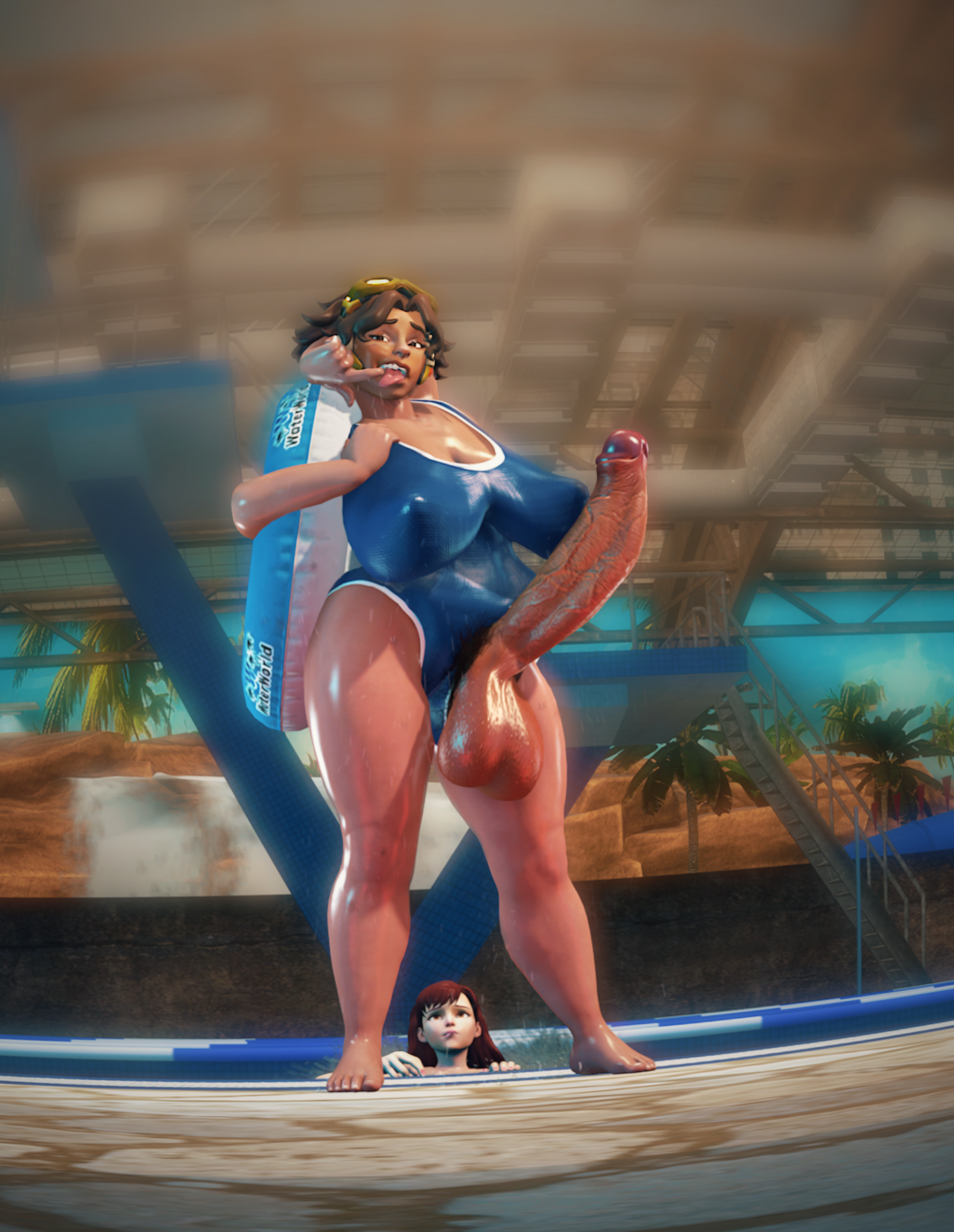 1girls, 1nonbinary, 1other, 3d, areolae, asian, asian futa, balls, bathroom, big balls, big breasts, big penis, big thighs, blizzard entertainment, breasts, canihabepizza, d.va, exhibition, exhibitionism, foreskin, foreskin folds, futa only, futanari, glans, goggles, goggles on head, hairy, hairy penis, heels, huge balls, huge breasts, huge cock, looking at partner, looking at viewer, looking from below, nonbinary, one-piece swimsuit, overwatch, overwatch 2, public, public exposure, public nudity, smiling at viewer, swimsuit, tongue, tongue out, venture