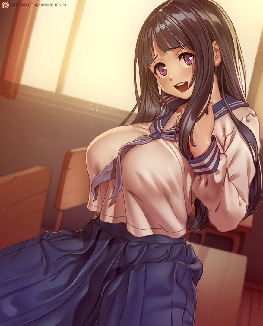 1girls, breasts, brown hair, chitanda eru, female, female only, hyouka, large breasts, purple eyes, solo, xxnikichenxx