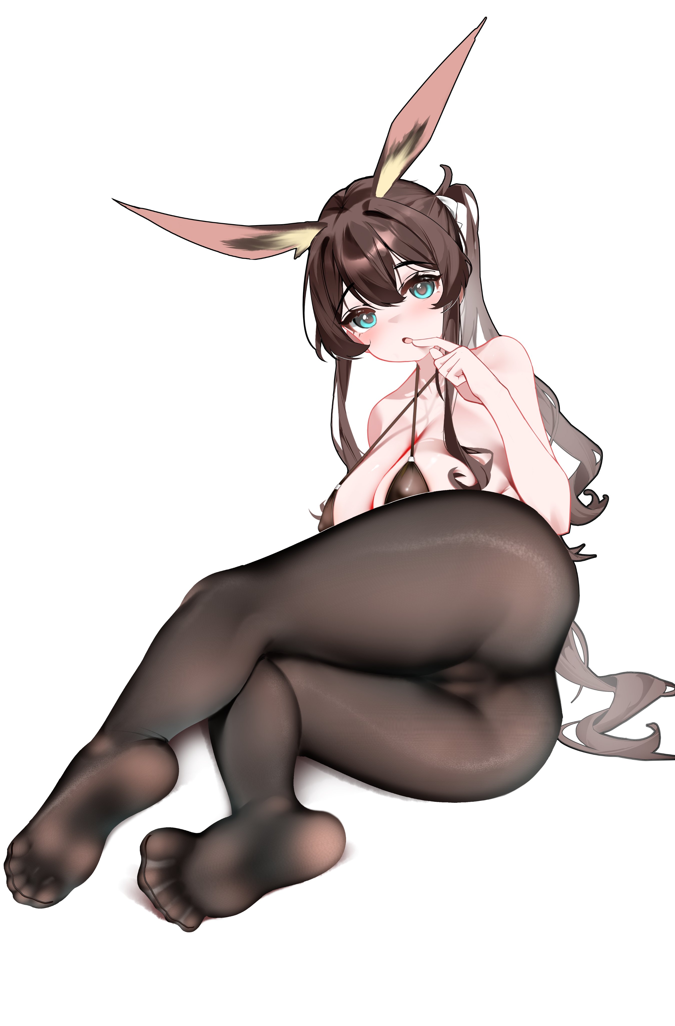 amiya (arknights), arknights, ass, ass focus, bikini, cameltoe, criss-cross halter, feet, finger on mouth, foot focus, from behind, large breasts, looking back, lying on side, pantyhose, soles, toes