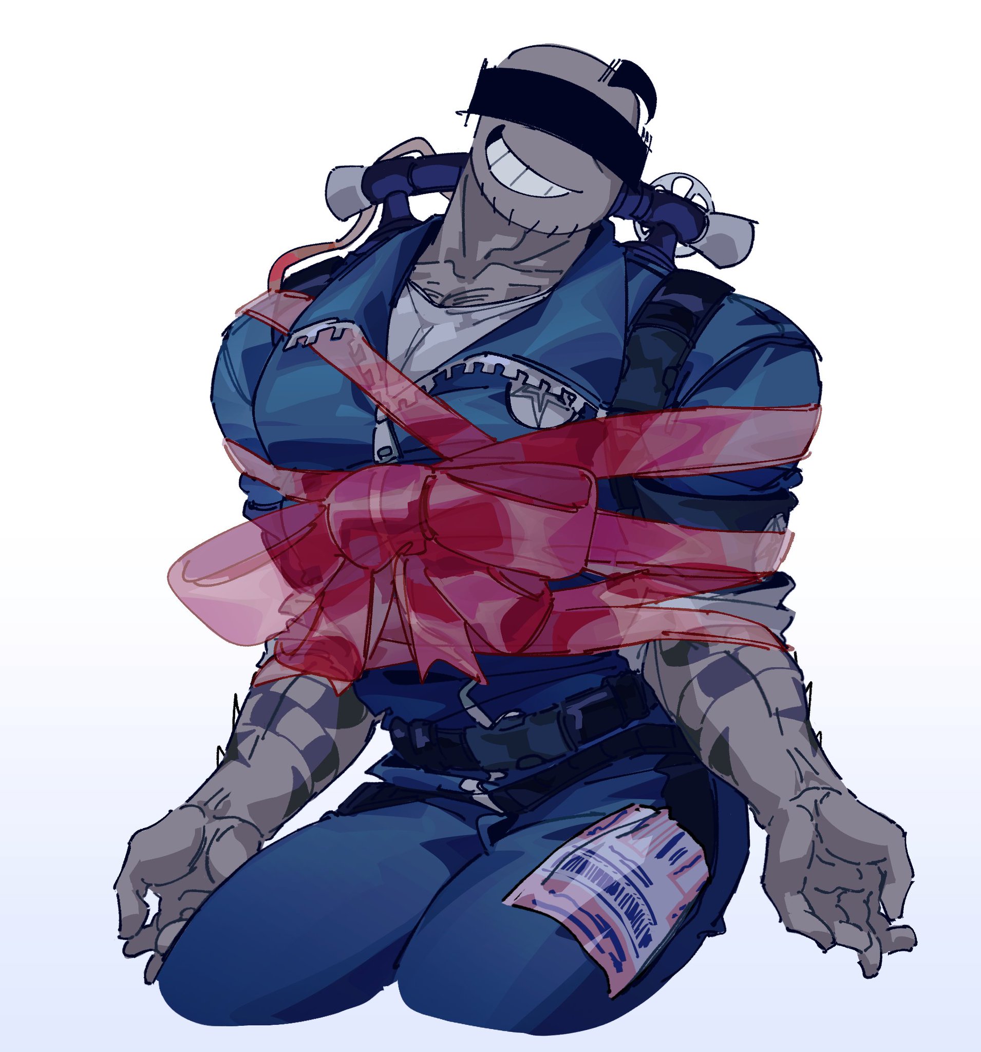 1boy, 1male, 2026, 2d, 2d (artwork), 2d artwork, bald, bald male, bar over eyes, blue clothing, blue pants, blue shirt, bondage, bow, clothed, clothed male, color, colored, digital, digital art, digital drawing, digital drawing (artwork), digital media, digital media (artwork), diving gear, expendable (pressure), grey body, grey skin, male, male focus, male only, namdam 096, one color background, pressure (roblox), red ribbon, restrained male, restraints, ribbon, ribbon bondage, ribbon bow, roblox, roblox game, smile, smiling, smiling at viewer, smirk, smirking, smirking at viewer, solid color background, solo, solo focus, solo male, solo only, suggestive, suggestive pose, tied up, twitter link, undershirt, white background, white shirt, white undershirt