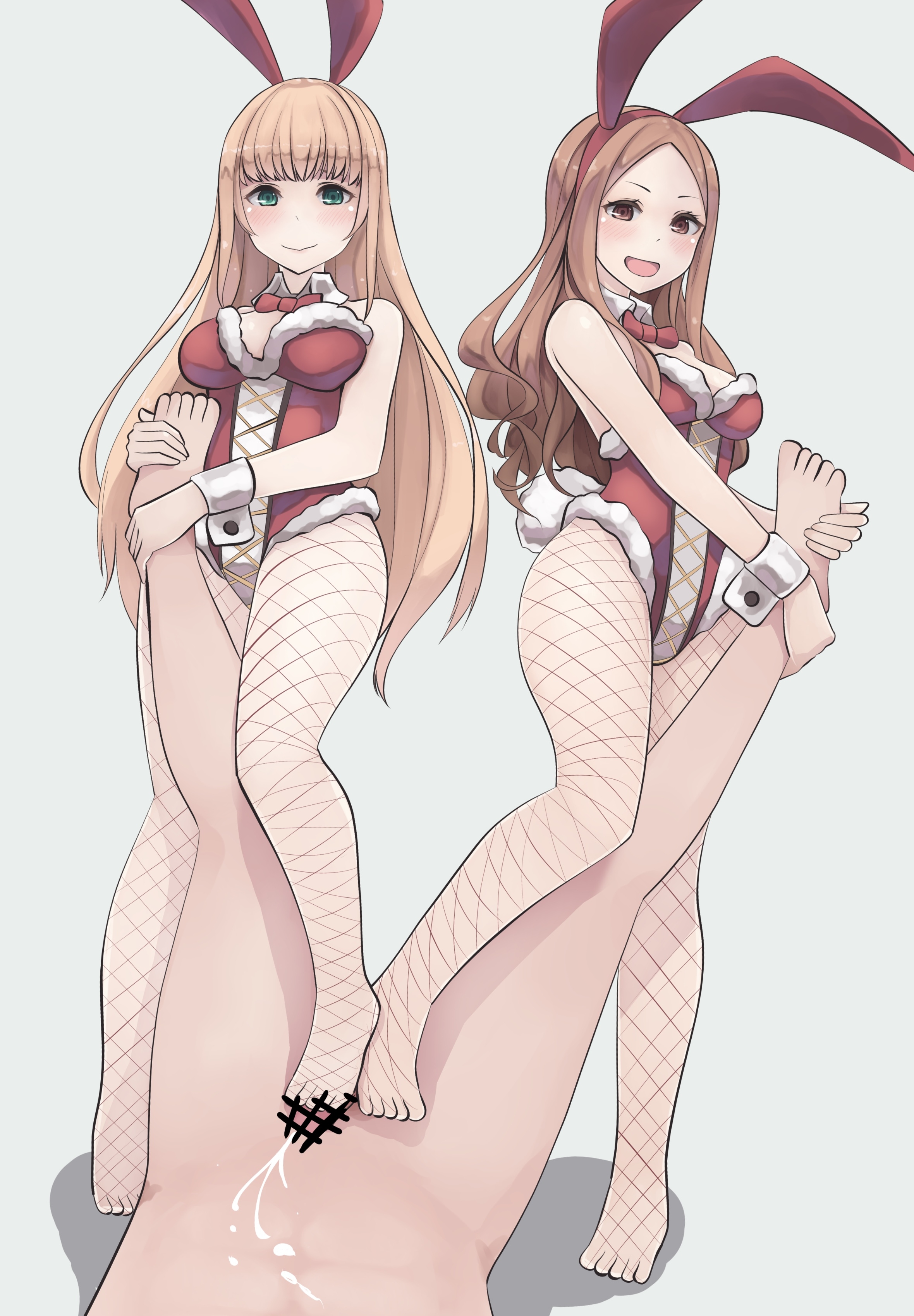 1boy, 2girls, bar censor, blonde, blonde female, blonde hair, blonde hair female, blonde-haired female, bunny, bunny ear, bunny ears, bunny girl, bunny tail, bunnygirl, bunnysuit, censor bar, censored, censored penis, cum, ejaculation, fishnets, footjob, green eyes, green eyes female, kikiu bd, long hair, long hair female, open mouth, orgasm, semen, shadow, simple background, thick thighs, thighs