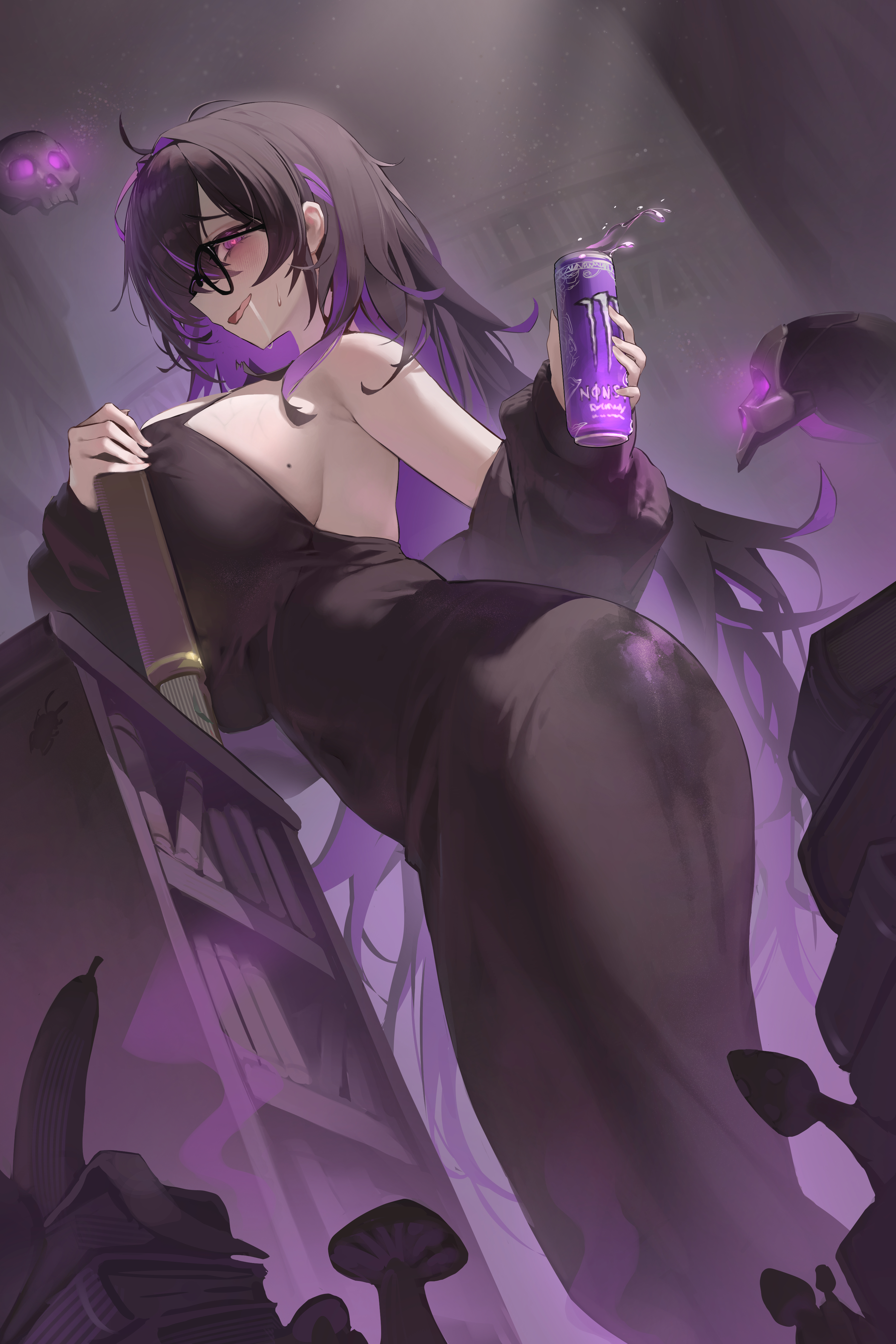 1girls, absurdres, banana, banana peel, bare shoulders, big breasts, black cardigan, black dress, black hair, black-framed eyewear, blush, book, bookshelf, breasts, can, cardigan, cardigan partially removed, colored inner hair, commentary, dress, drink can, drooling, female, female only, floating skull, food, fruit, glasses, glowing, glowing eyes, goddess of victory: nikke, hair over one eye, hakkun270, highres, holding, holding book, holding can, huge breasts, label (nikke), large breasts, long hair, mole, mole on breast, monster energy, multicolored hair, mushroom, pale skin, purple eyes, purple hair, purple streaks, saliva, solo, streaked hair, sweat, taut clothes, taut dress, two-tone hair