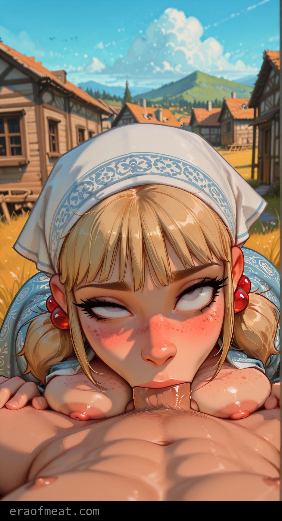 ai generated, blowjob, daisy (eraofmeat), deepthroat, eraofmeat, female, male, meat master, nipples, original character, rolling eyes