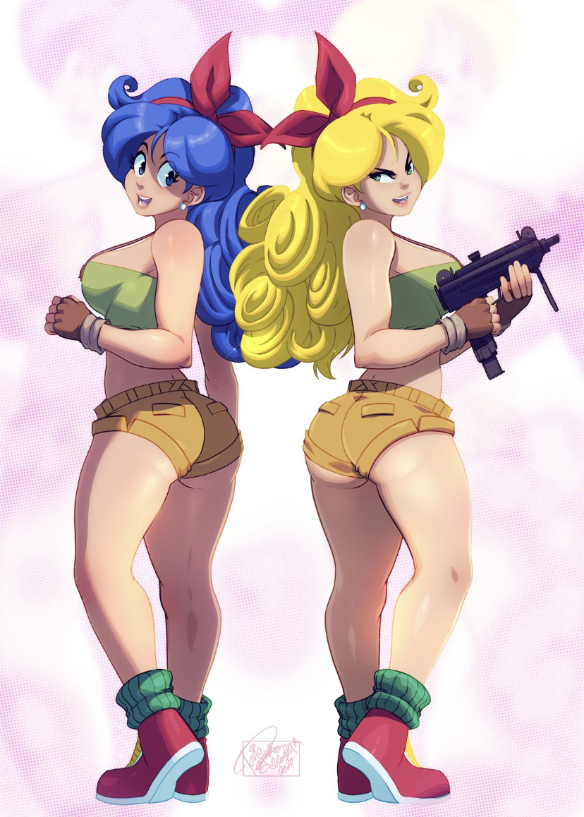 alternate hair color, ass, bad launch, blonde hair, blue eyes, blue hair, breasts, clothed, clothing, dragon ball, dragon ball (classic), dual persona, female, female only, firearm, gloves, good launch, green eyes, green shirt, gun, hair ribbon, handgun, hourglass figure, human, large breasts, launch, light skin, light-skinned female, lunch (dragon ball), mouth open, pale skin, red shoes, shirt, shoes, short shirt, short shorts, shorts, sleeveless, sleeveless shirt, smile, socks, submachine gun, tovio rogers, uncensored, weapon
