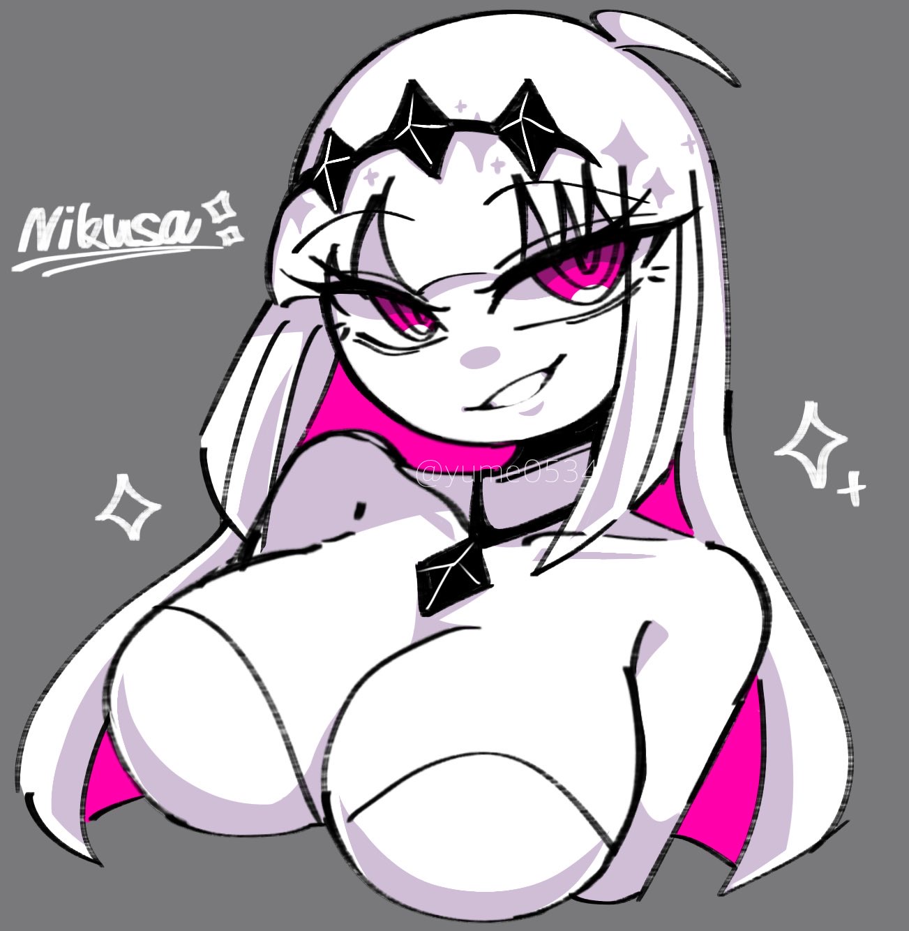 ahoge, big breasts, crown, friday night funkin, friday night funkin mod, friday night funkin: entity, gray background, huge breasts, long hair, nikusa (fnf), nikusa (sugarratio), pink eyes, pink hair, smile, text, white hair, white skin, yume0534