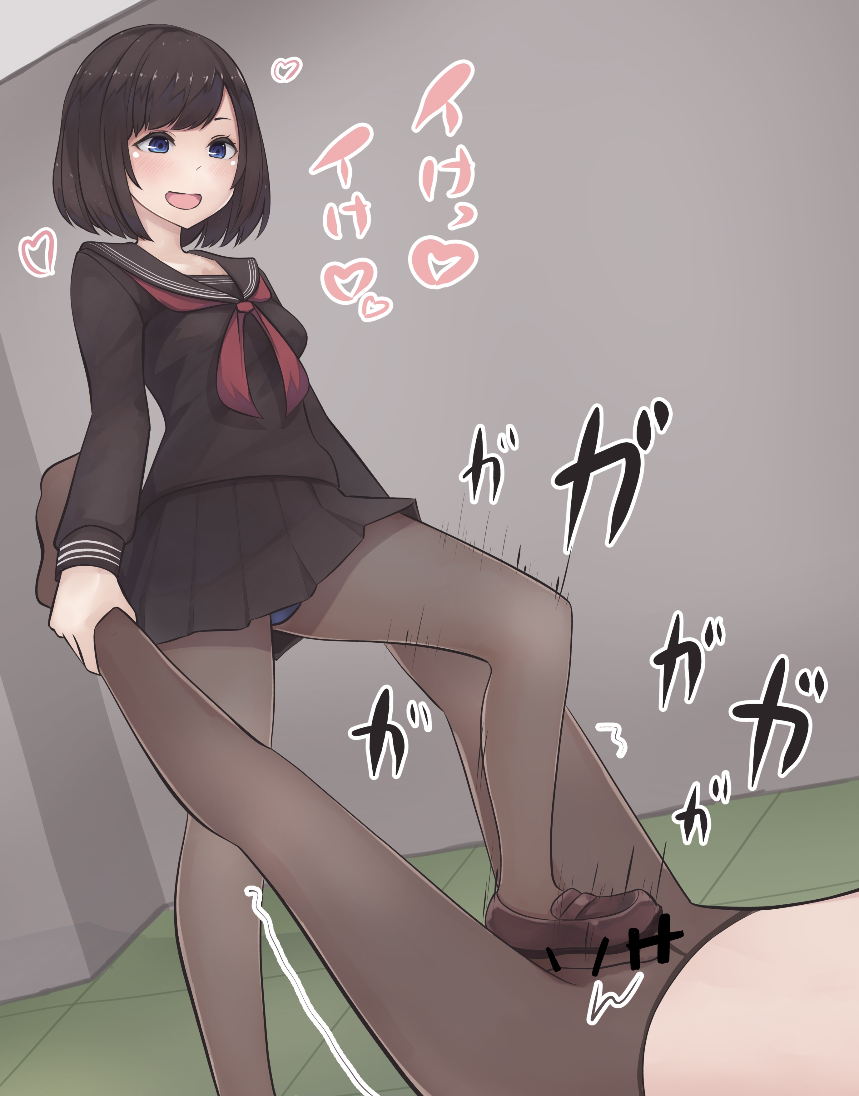 1boy, 1girls, bar censor, black hair, black hair female, blue eyes, blue eyes female, censor bar, censored, censored penis, cock, dick, femdom, feminine male, footjob, footjob with footwear, footjob with one foot, footjob with shoes, genitals, grabbing ankles, grabbing legs, holding ankle, kikiu bd, open mouth, panties, pantyhose, penis, pointy chin, school, school girl, school uniform, schoolgirl, schoolgirl uniform, shoes, skirt, thick thighs, thighs