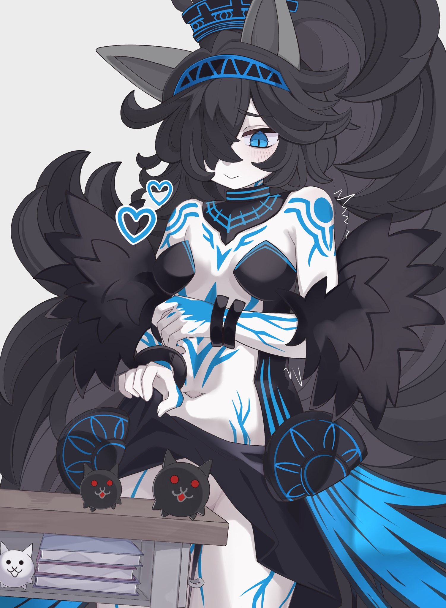 1girls, battle cat, black cat, black hair, blue eyes, cat ears, desk, feet up, heart, kasli the bane, long hair, no pants, school desk, tattoo, the battle cats, thighs, white skin