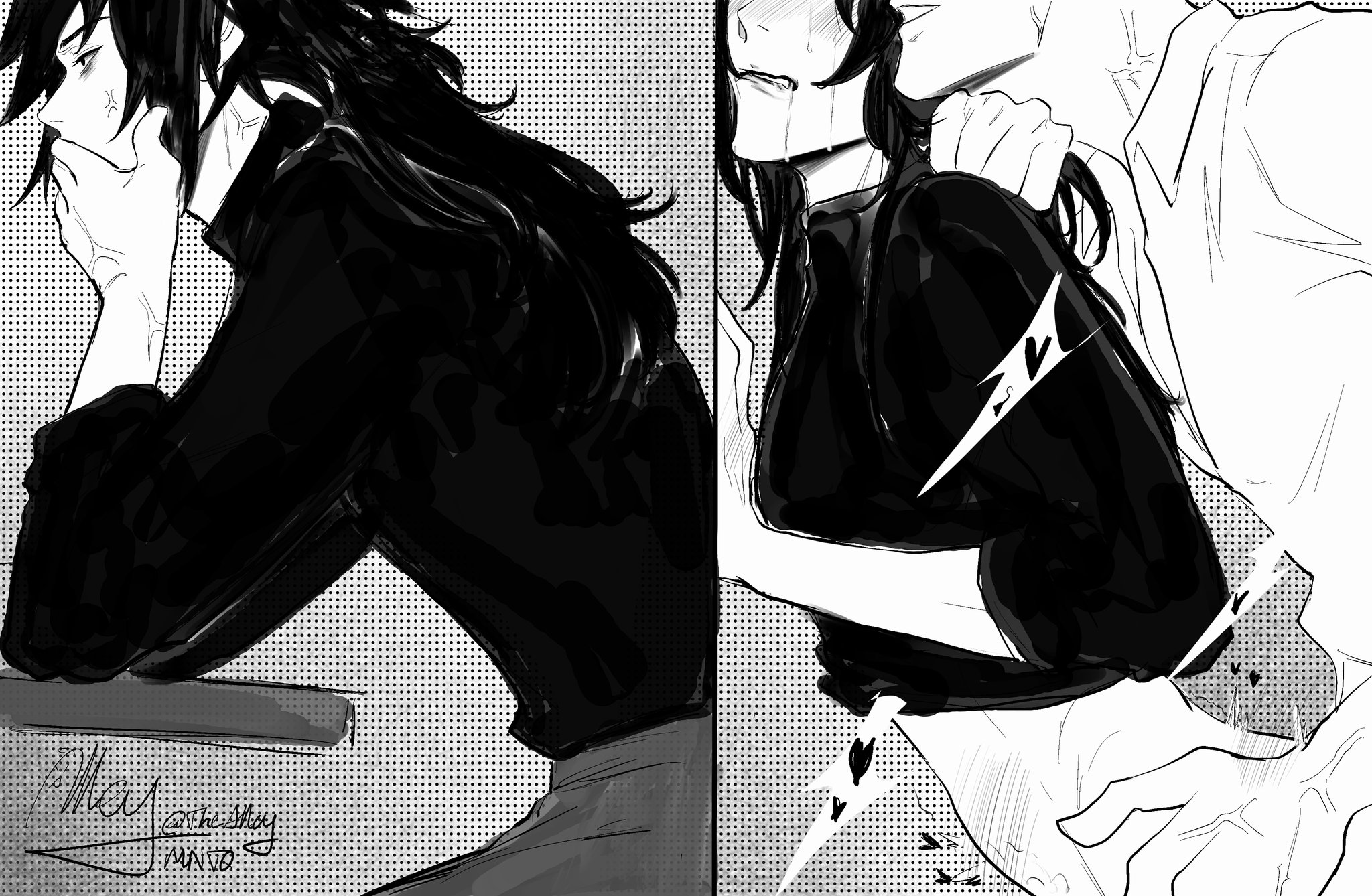 anal sex, bigger male, black turtleneck, feminine male, hand on hip, kimetsu no yaiba, male/male, posture fixing, power dynamic, sanegiyuu, sanemi shinazugawa, sex against wall, size difference, slight size difference, smaller male, tomioka giyuu