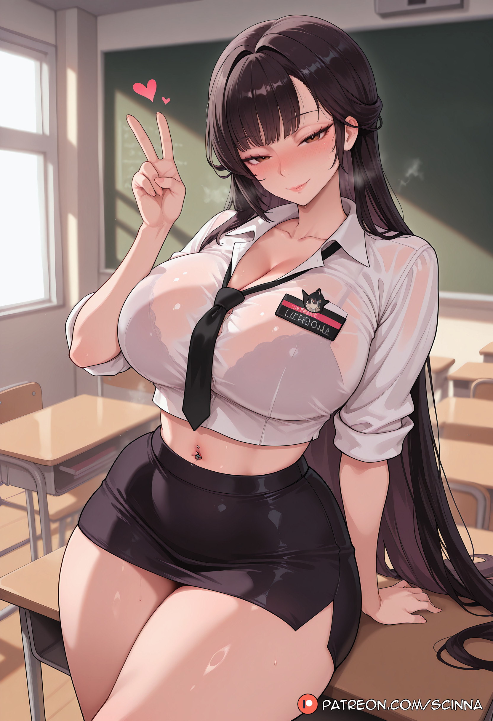 ai generated, black bra, black hair, black skirt, blush, bra, bra visible through clothes, breasts, brown eyes, chair, chalkboard, classroom, cleavage, closed mouth, collarbone, collared shirt, crop top, curvaceous, curvaceous body, curvy, curvy body, curvy female, desk, female, goddess of victory: nikke, heart, indoors, large breasts, long hair, looking at viewer, marciana (nikke), marciana (school days) (nikke), midriff, miniskirt, navel, navel piercing, necktie, on desk, patreon logo, patreon username, pencil skirt, piercing, school desk, scinna, see-through, self upload, shirt, sitting, sitting on desk, skirt, smile, solo, stable diffusion, sweat, thick thighs, thighs, underwear, v, very long hair, voluptuous, voluptuous body, voluptuous female, white shirt