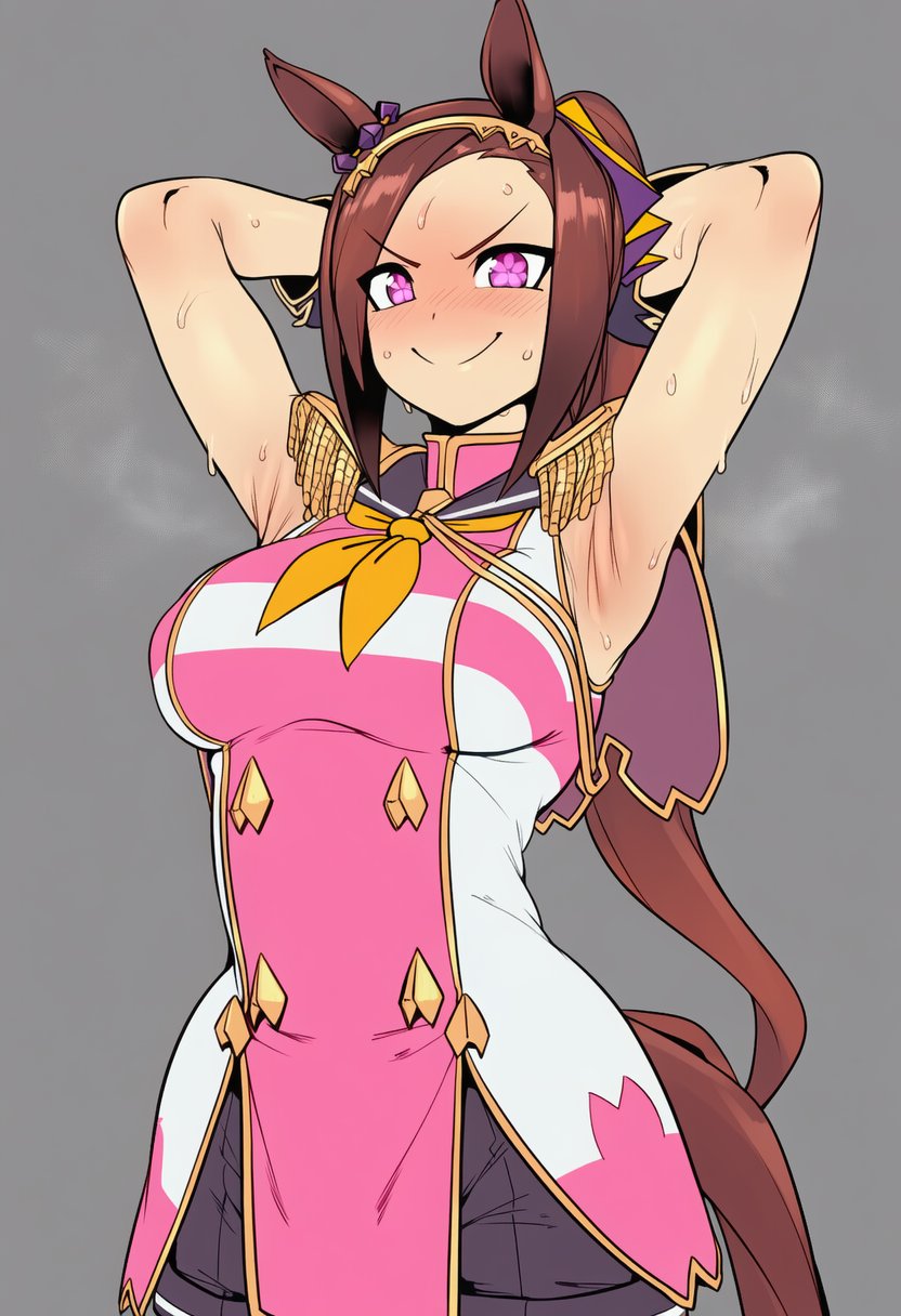 1girls, ai generated, armpit fetish, armpits, blush, foige777, horse ears, horse girl, horse tail, long hair, medium breasts, pink dress, sakura bakushin o (umamusume), smile, sweat, umamusume, white skin