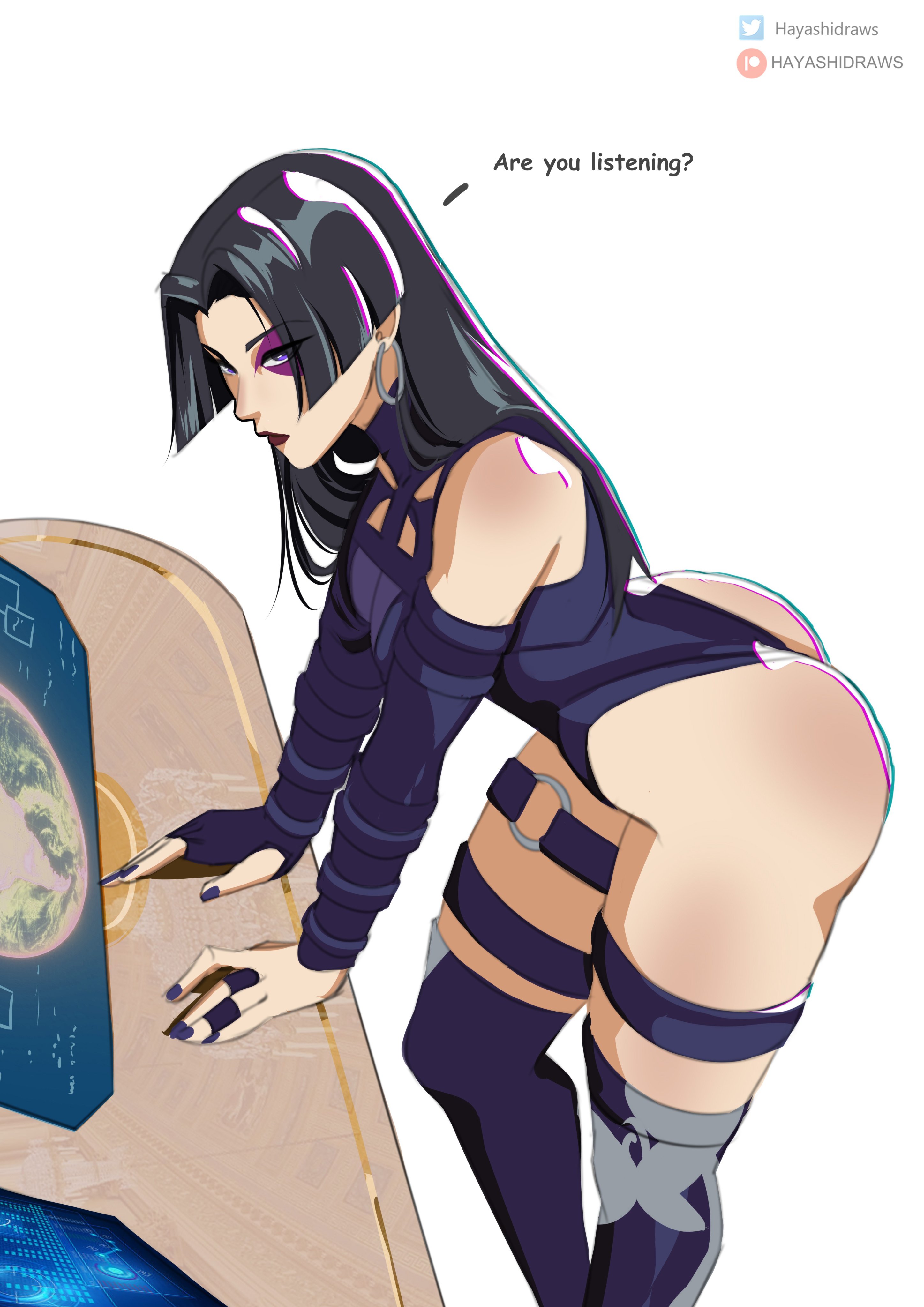 1girls, 2026, 2d, ass, black hair, black-haired female, costume, english text, female, female focus, female only, hayashidraws, japanese female, leaning, leaning forward, light skin, light-skinned female, looking at viewer, marvel, marvel comics, marvel rivals, nail polish, nails, nails painted, psylocke, psylocke (sai) (vengeance), solo, solo female, solo focus, superhero costume, superheroine, thighhighs