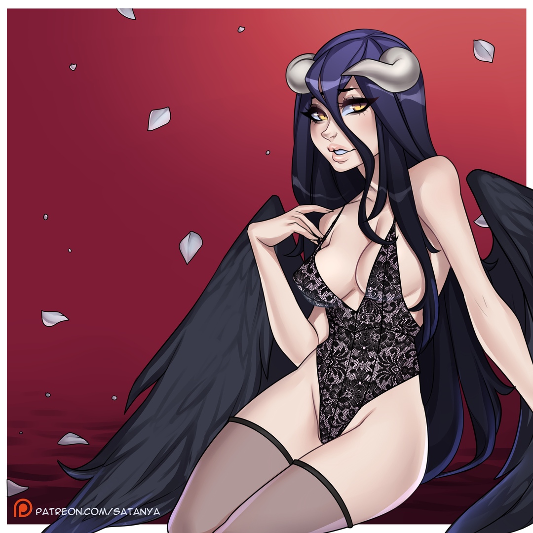 albedo (overlord), angel wings, big breasts, black hair, breasts, female, female only, hair, horn, overlord (maruyama), satanya, solo, stockings, yellow eyes