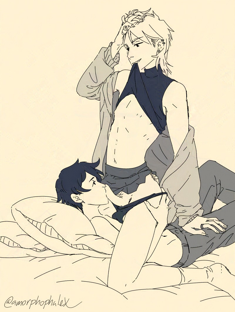 1boy, 1boy1girl, 1girl1boy, 1girls, 2026, alexlaw, alexunlawful, amorphophalex, artist name, artist signature, black hair, blonde hair, blowjob, ear piercing, femboy, femboydom, hands on ass, in bed, jeans, josou seme, kissing penis, lying on back, lying on bed, miniskirt, monochrome, nipples, oral, original, original character, panties, penis, pillows, pubic hair, rings, shirt in mouth, shirt in teeth, skirt, socks, straight, sweater, tomboy, topless, topless female, twink