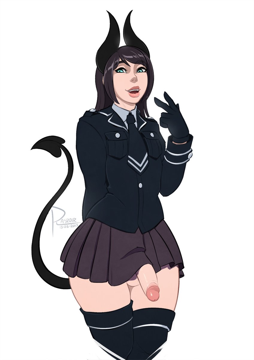 1boy, balls, big penis, black hair, clothing, curvy, demon, digital media (artwork), eye contact, femboy, feminine male, front view, girly, gloves, green eyes, half-erect, horns, incubus, justine duchance, legwear, long hair, looking at viewer, male, male focus, male only, original, outfit, parted lips, penis, pose, posing, rayzoir, simple background, skirt, solo, solo focus, solo male, standing, tail, testicles, thick thighs, thighs, trap, uniform, white background, wide hips