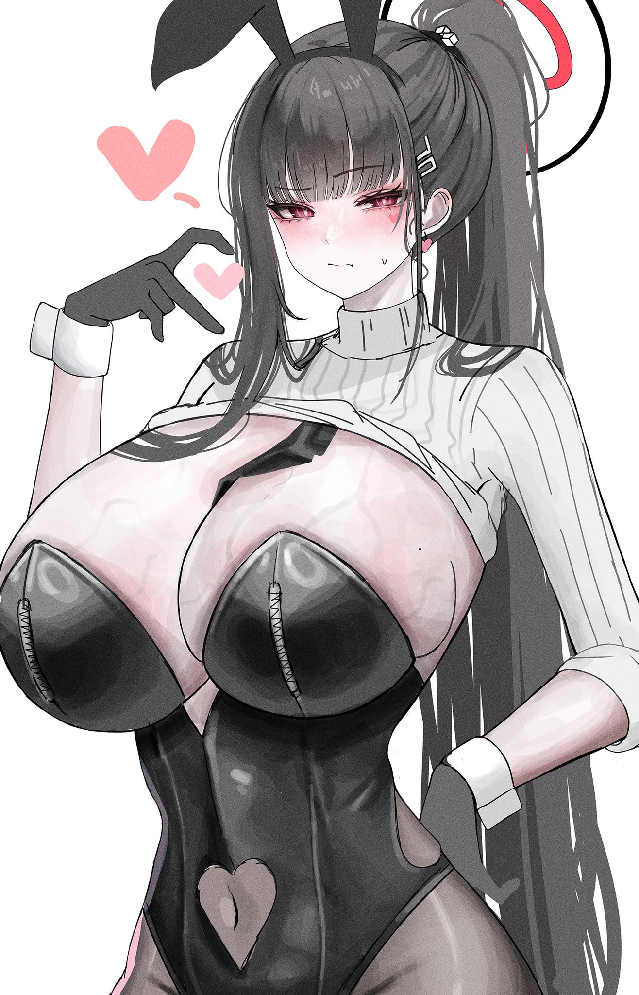 1girls, big breasts, black hair, blue archive, blushing, bunnygirl outfit, cleavage, gloves, halo, hand gesture, kkukki (kkukki284), legwear, millennium science school student, ponytail, red eyes, rio (blue archive), seminar (blue archive), sweater, sweater lift, sweaty breasts, tie, tie between breasts, zipper