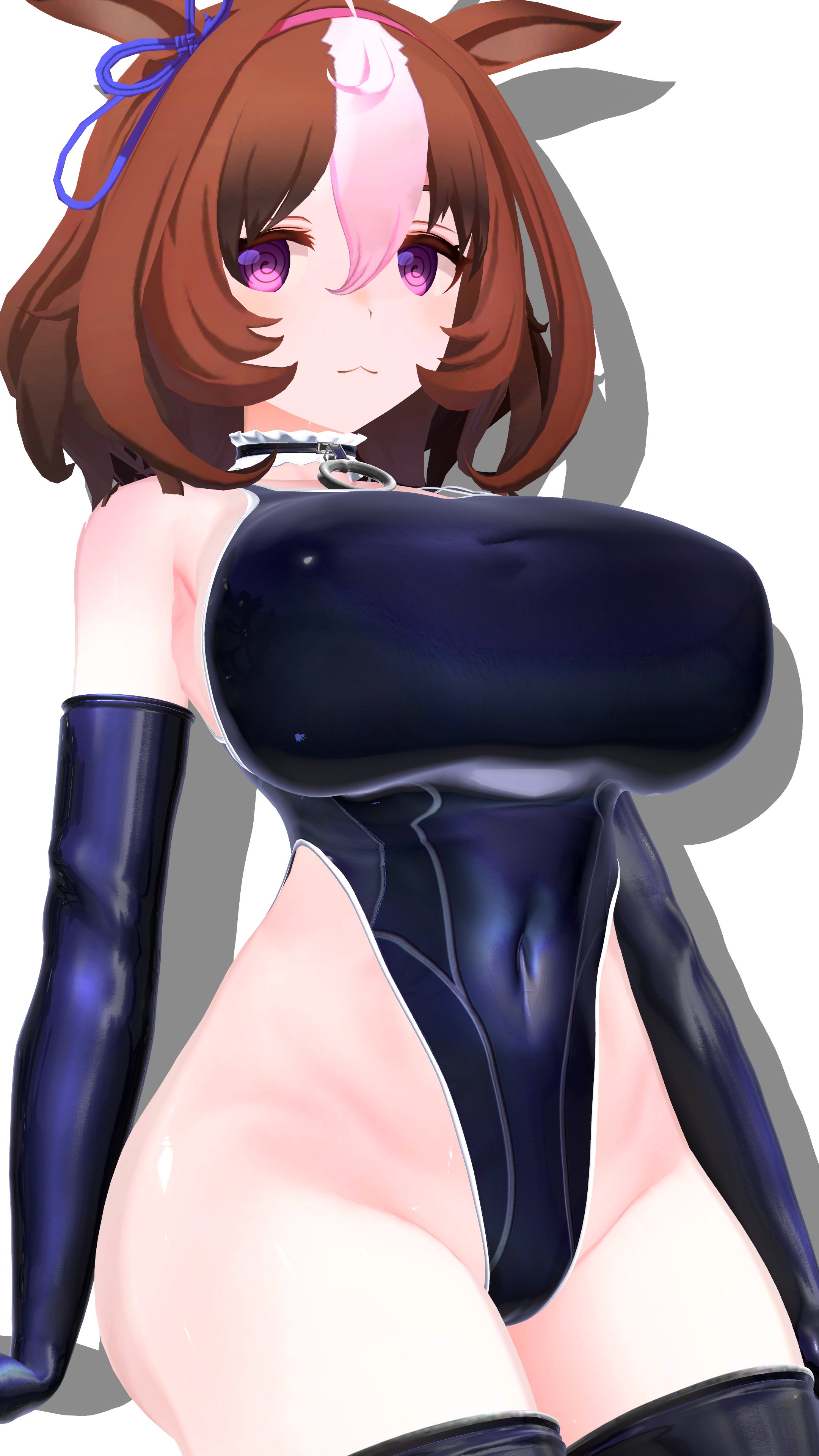 1girls, 3d, ass, big ass, big breasts, blush, brown hair, collar, competition swimsuit, elbow gloves, glossy, highleg, highleg leotard, horse ears, horse girl, horse tail, huge breasts, large breasts, latex, latex armwear, latex bodysuit, latex clothing, looking at viewer, meisho doto (umamusume), navel, one-piece swimsuit, purple eyes, shiny, sitting, skin tight, solo, thick thighs, thighhighs, tight clothing, tight fit, umamusume, umamusume pretty derby, voluptuous, wide hips, yuz ne
