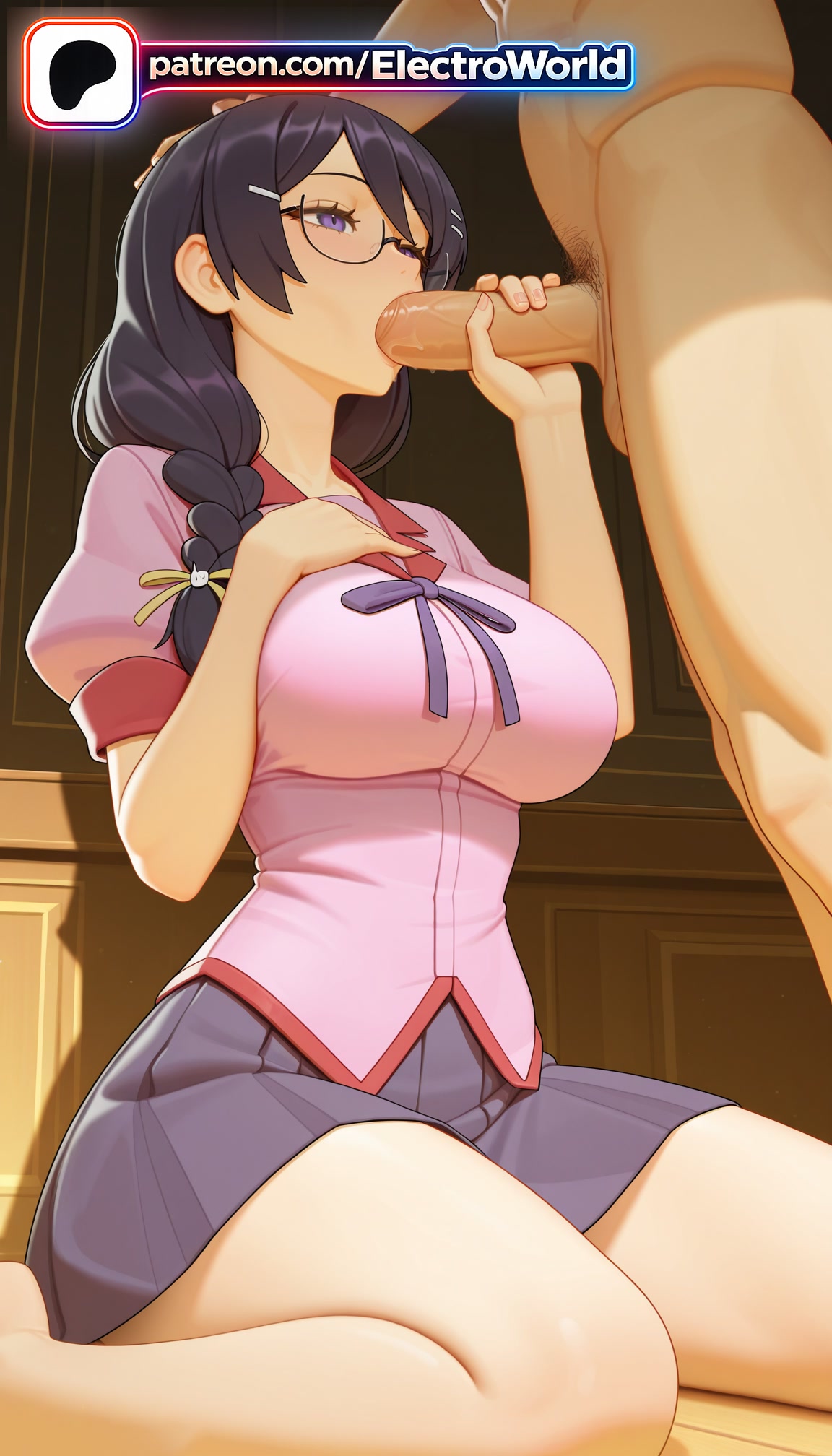 1boy, 1girls, 2026, ai generated, artist name, blowjob, blowjob face, breasts, bust, chest, clothed female nude male, cock, dick, electroworld, fellatio, female, glasses, hair ornament, hanekawa tsubasa, hi res, high quality, high resolution, highres, licking, long hair, male pubic hair, monogatari (series), naoetsu high school uniform, nude, oral, oral sex, patreon, patreon username, penis, pubic hair, school uniform, stable diffusion, straight, sucking, testicles, uncensored, wariza, watermark