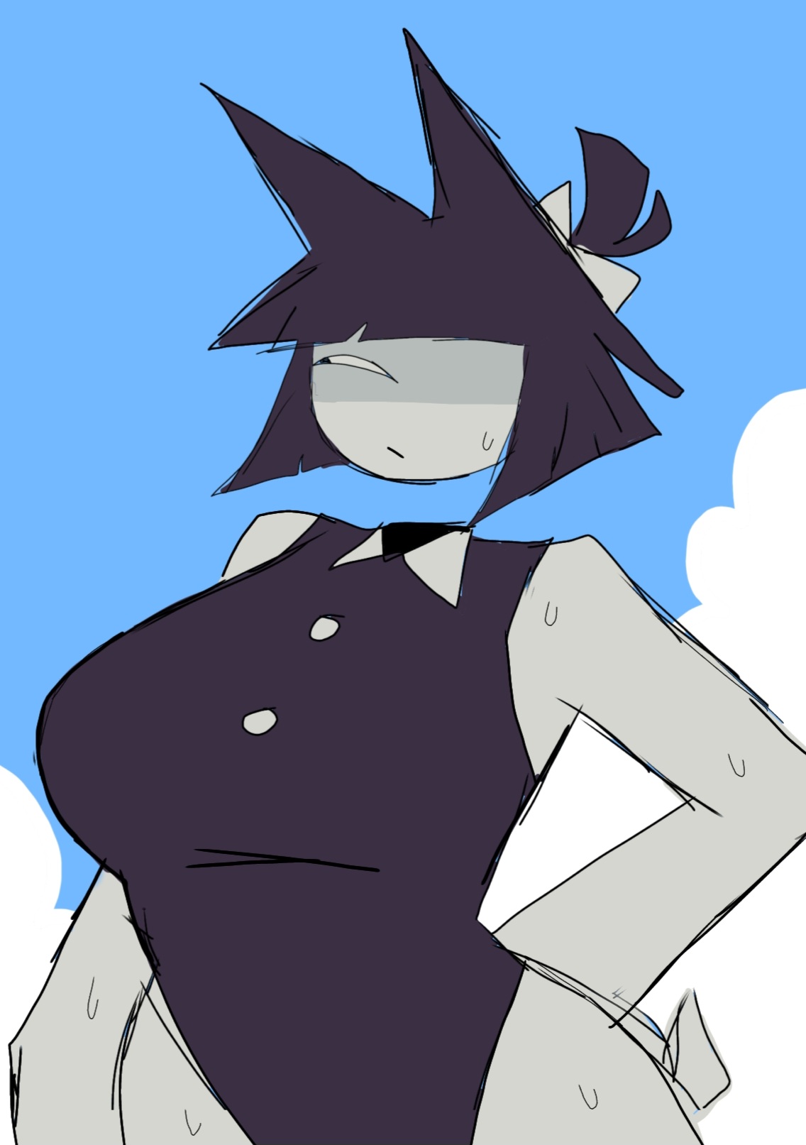big breasts, black hair, bodysuit, curvy, curvy figure, fundamental paper education, grey body, hand on hip, huge breasts, miss bloomie (fundamental paper education), momiji (artist), simple background, sweat, sweating, swimsuit